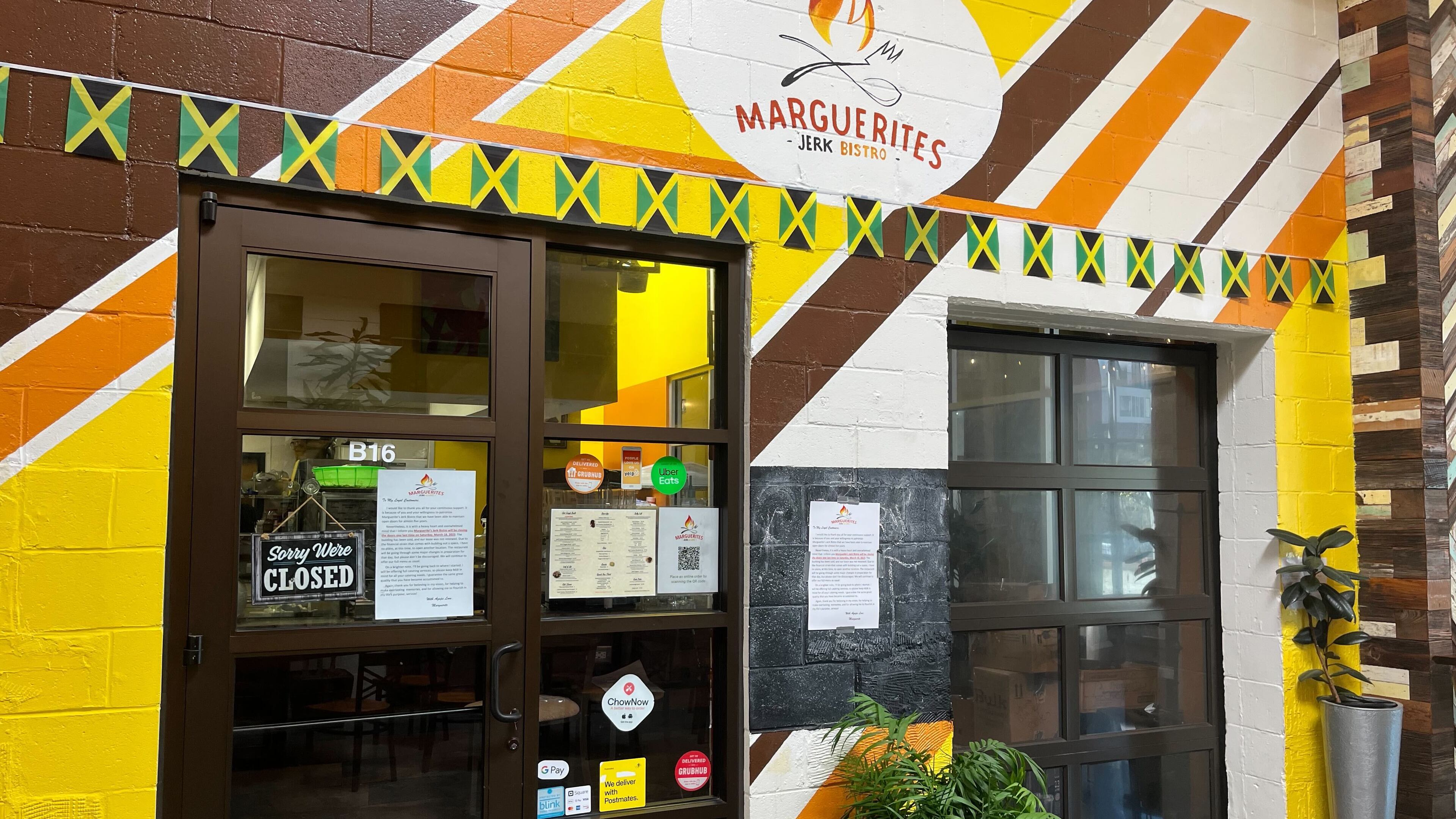 The exterior of Marguerite's Jerk Bistro, which closes in March at the Beacon in Grant Park. / Yvonne Zusel, yzusel@ajc.com