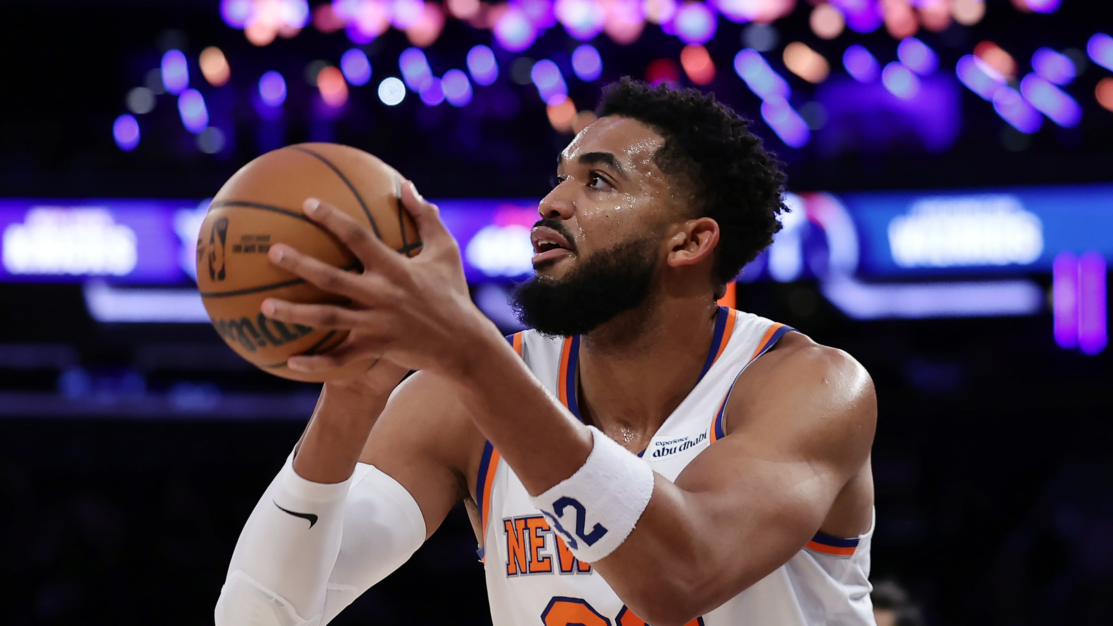 New York Knicks center Karl-Anthony Towns looks to shoot during the first half of a preseason NBA basketball game against the Washington Wizards, Thursday, Oct. 8, 2026, in New York. (AP Photo/Adam Hunger)