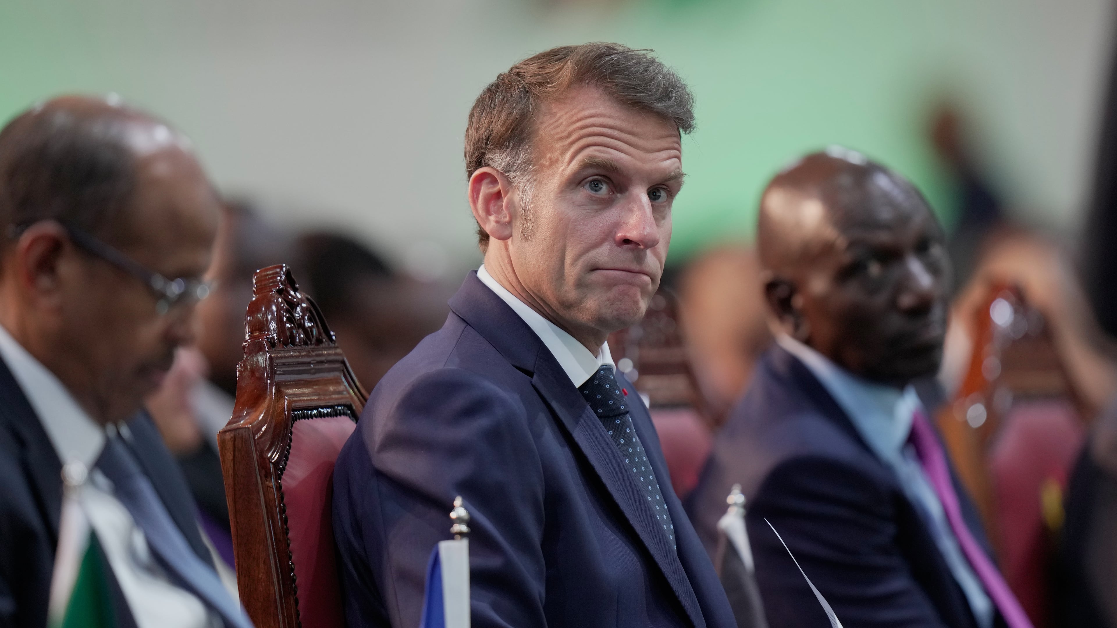 France's President Emmanuel Macron attends the Africa Forward Summit at the Kenyatta International Convention Centre in Nairobi, Kenya, Tuesday, May 12, 2026. (AP Photo/Brian Inganga)