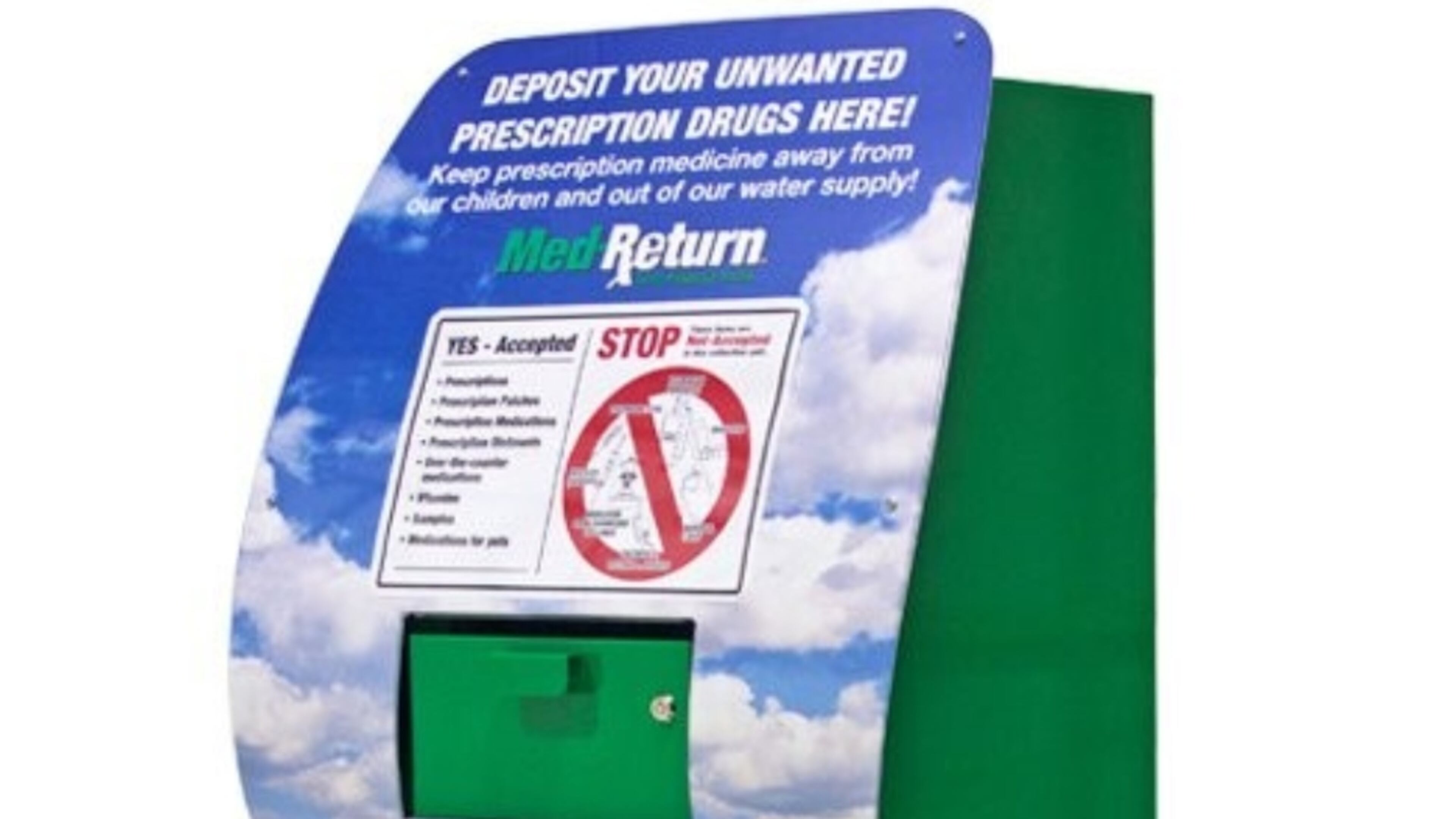This is the new permanent MedReturn drug collection box now located in the lobby of the Smyna police headquarters.