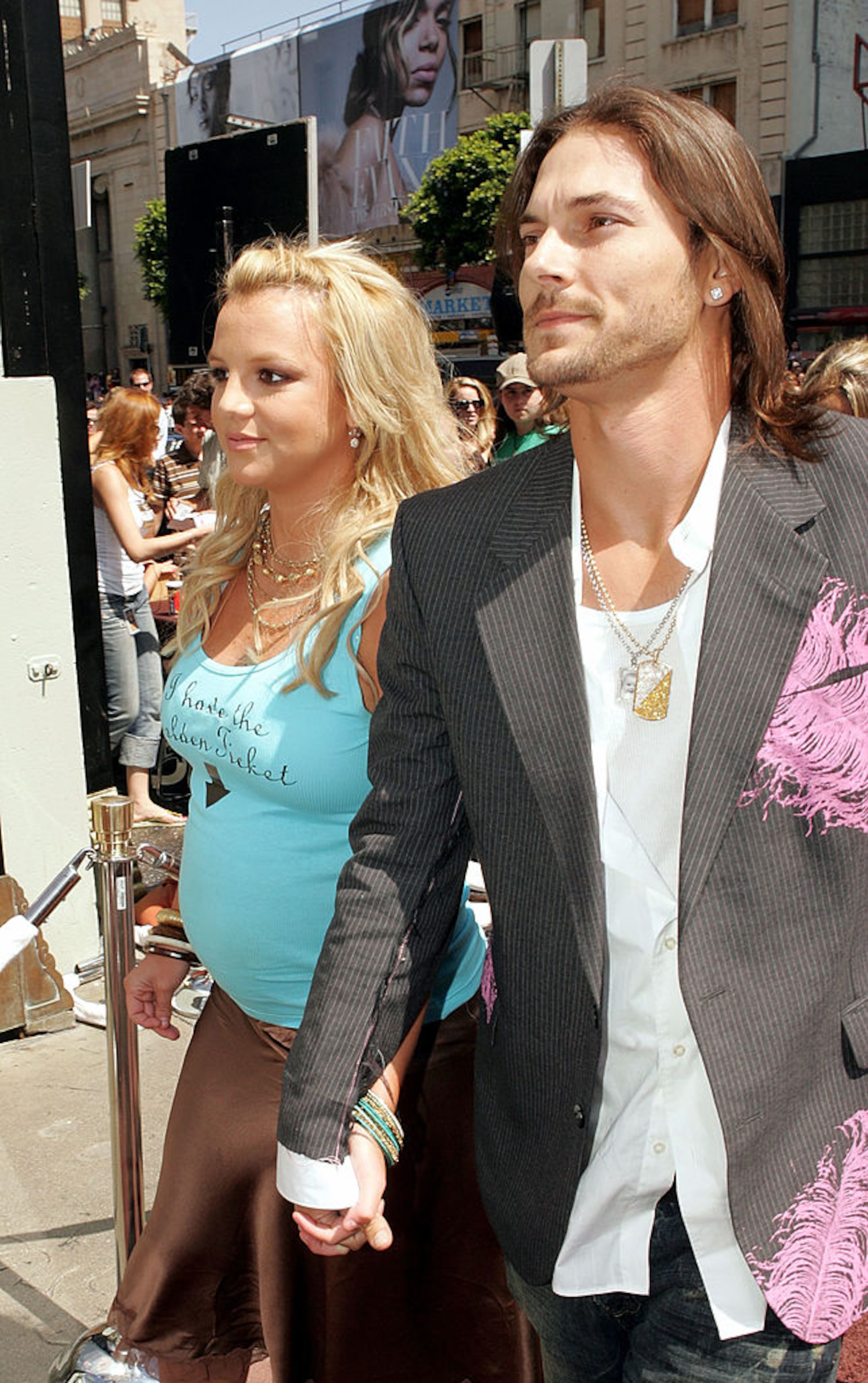 HOLLYWOOD - JULY 10: Singer Britney Spears (L) and husband Kevin Federline arrive at the Warner Bros. Premiere of Charlie and the Chocolate Factory at the Grauman's Chinese Theatre on July 10, 2005 in Hollywood, California. (Photo by Kevin Winter/Getty Images)