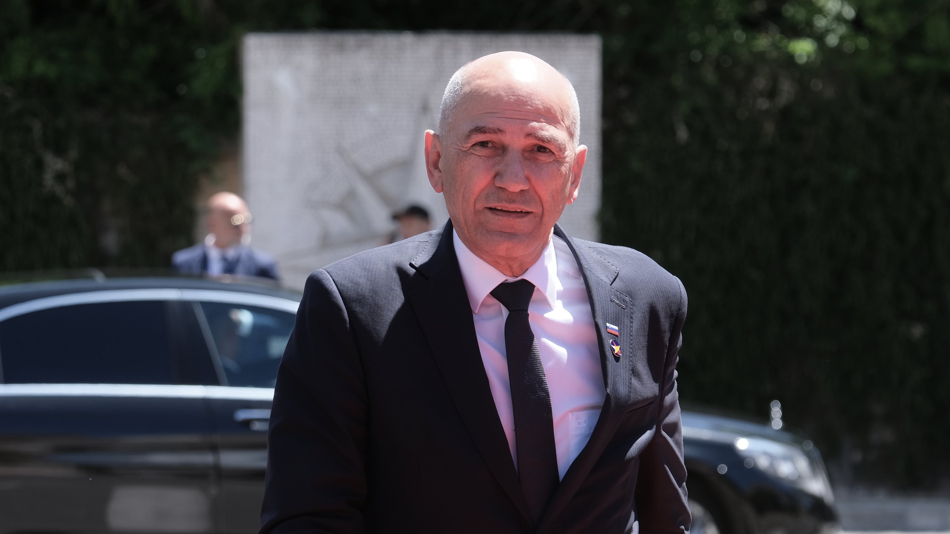 Slovenia's Prime Minister Janez Jansa arrives to attend the EU-Western Balkans summit in Tivat, Montenegro, Friday, June 5, 2026. (AP Photo/Risto Bozovic)