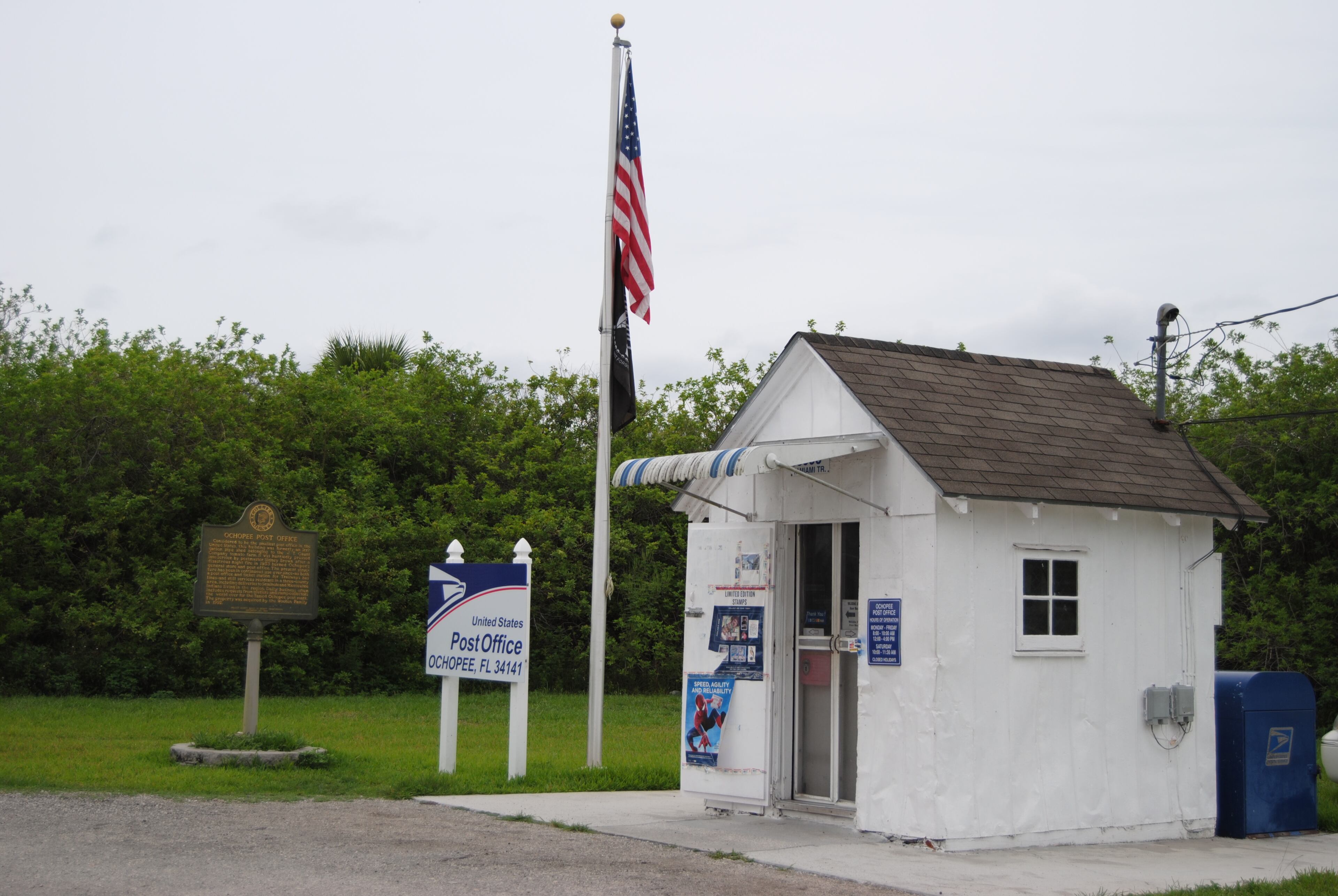 The Ochopee, Fla., post office, in an old shed in the Florida Everglades, is the smallest post office in the U.S. Contributed by Lori Johnston. HANDOUT PHOTO - NOT FOR RESALE
