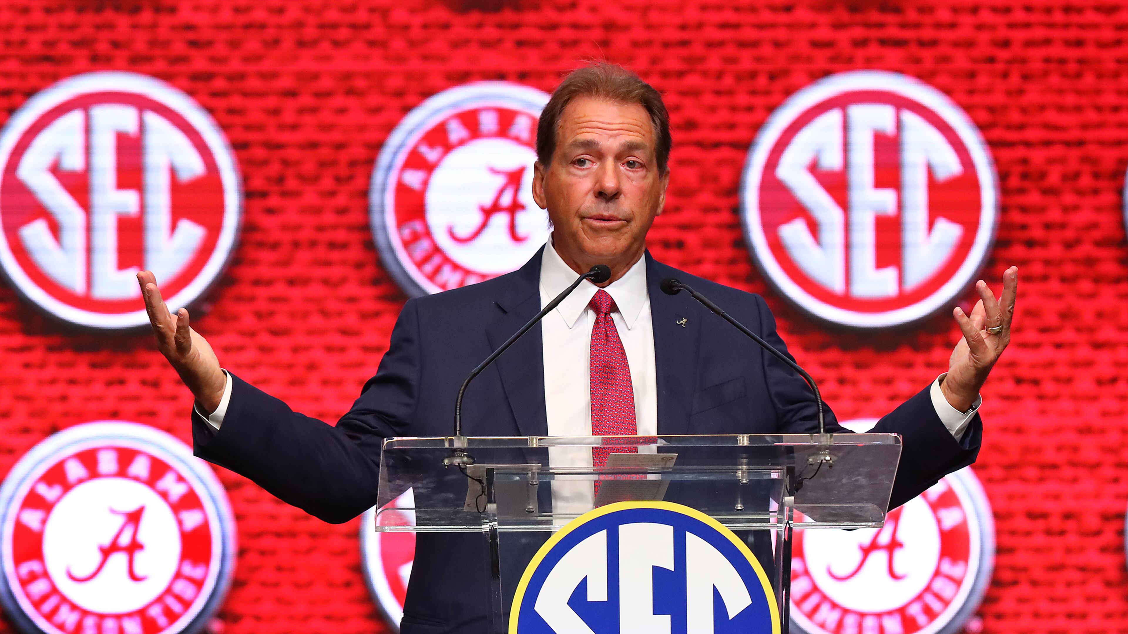 Alabama head football coach Nick Saban speaks at SEC Media Days in the College Football Hall of Fame on Tuesday, July 19, 2022, in Atlanta. “Curtis Compton / Curtis Compton@ajc.com”