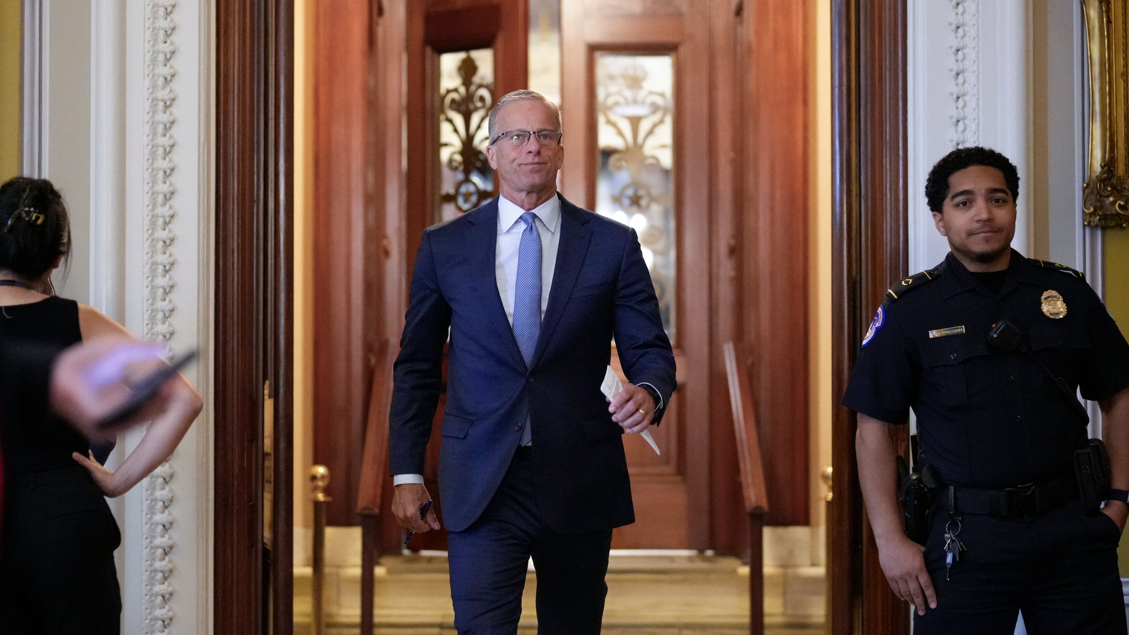 Senate Majority Leader John Thune, R-S.D., leaves the chamber, at the Capitol in Washington, Thursday, June 18, 2026. (AP Photo/J. Scott Applewhite)