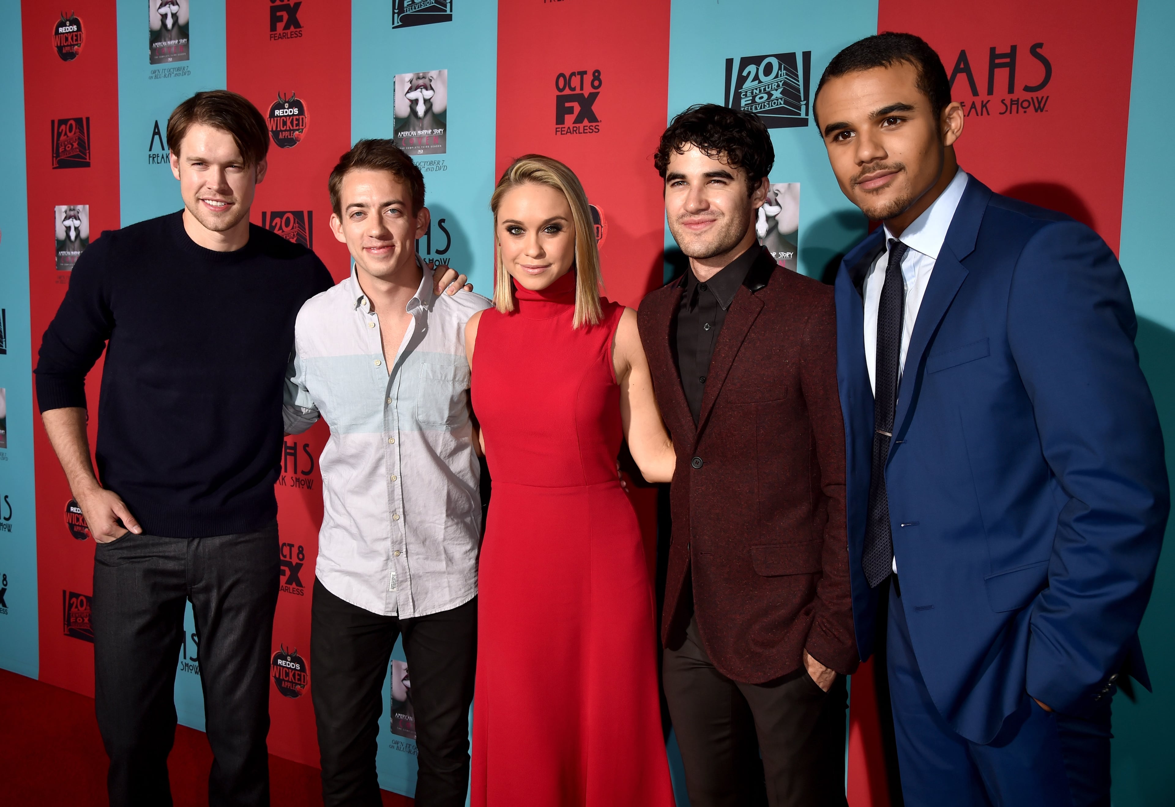 HOLLYWOOD, CA - OCTOBER 05: (L-R) Actors Chord Overstreet, Kevin McHale, Becca Tobin, Darren Criss and Jacob Artist attend the premiere screening of FX's "American Horror Story: Freak Show" at TCL Chinese Theatre on October 5, 2014 in Hollywood, California. (Photo by Kevin Winter/Getty Images)