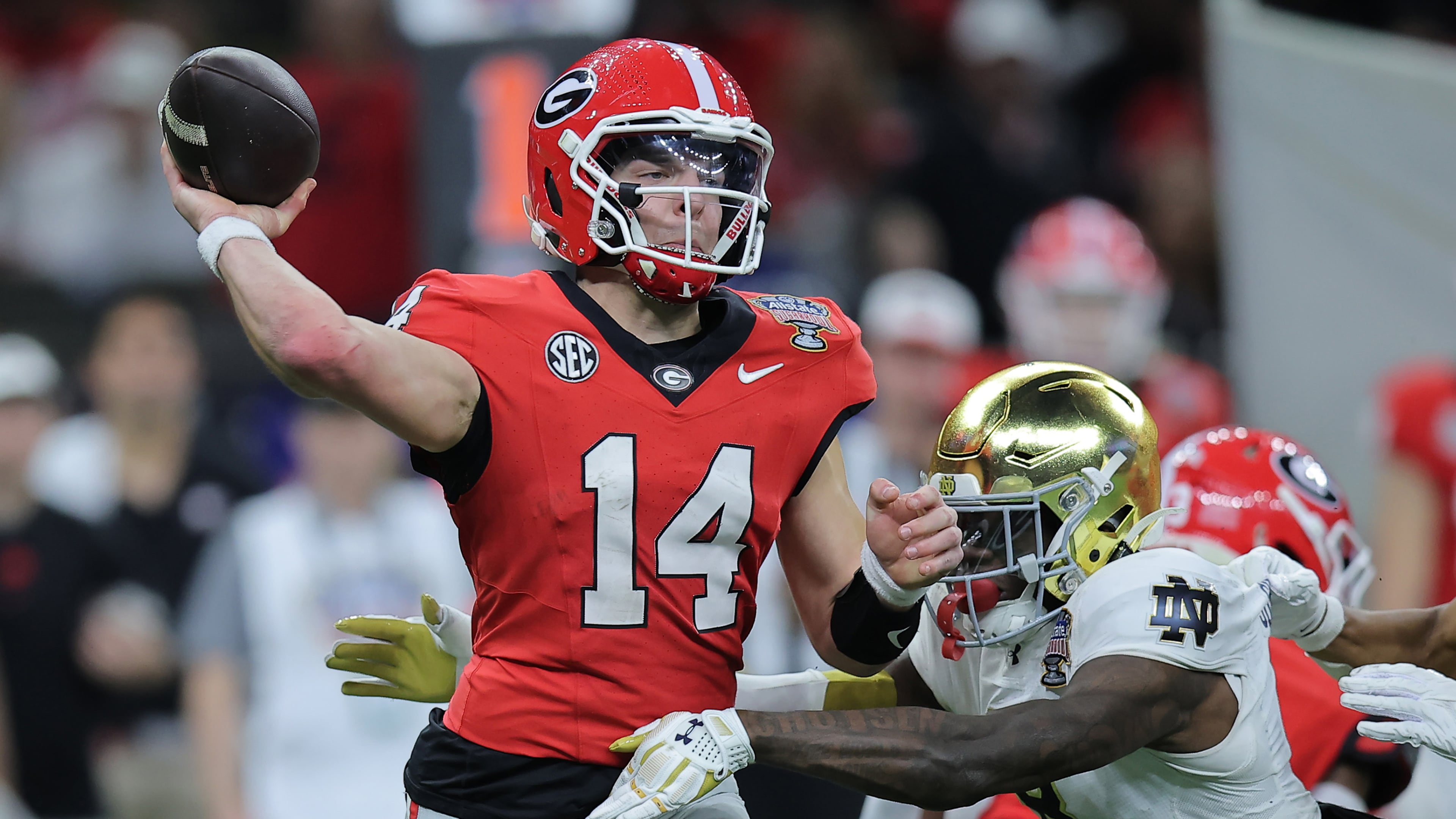 Georgia quarterback Gunner Stockton (14) throws a pass during the fourth quarter against Notre Dame during the 91st Allstate Sugar Bowl at Caesars Superdome on Thursday, Jan. 2, 2025, in New Orleans. (Jonathan Bachman/Getty Images/TNS)