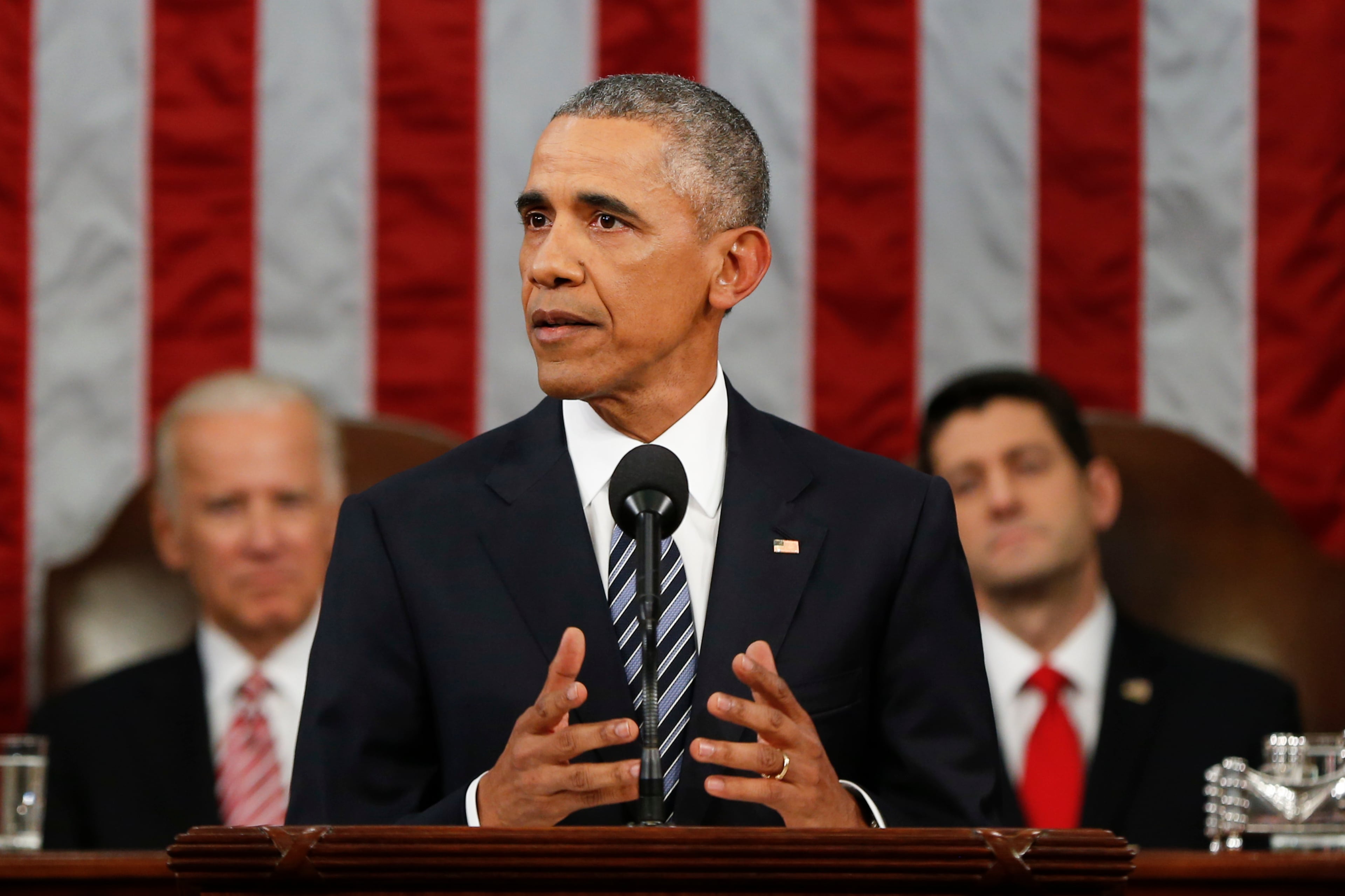 President Barack Obama delivers his State of the Union address before a joint session of Congress on Capitol Hill in Washington, Tuesday, Jan. 12, 2016. (AP Photo/Evan Vucci, Pool)