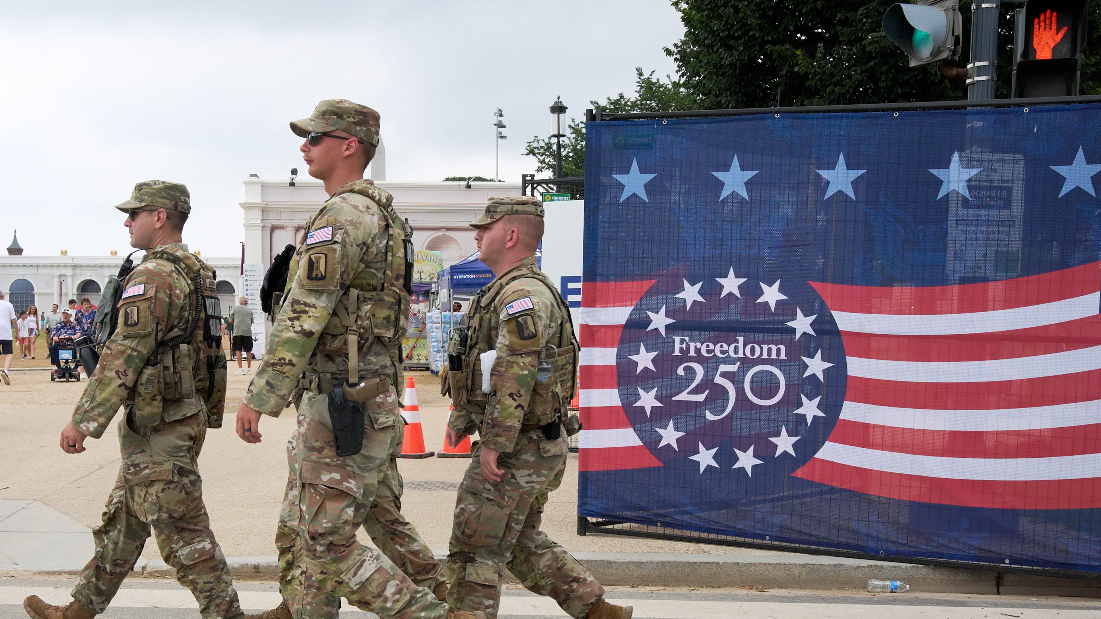 Soldiers from the Mississippi National Guard patrol along the Great American State Fair on the National Mall, Monday, July 6, 2026, in Washington. (AP Photo/Jacquelyn Martin)