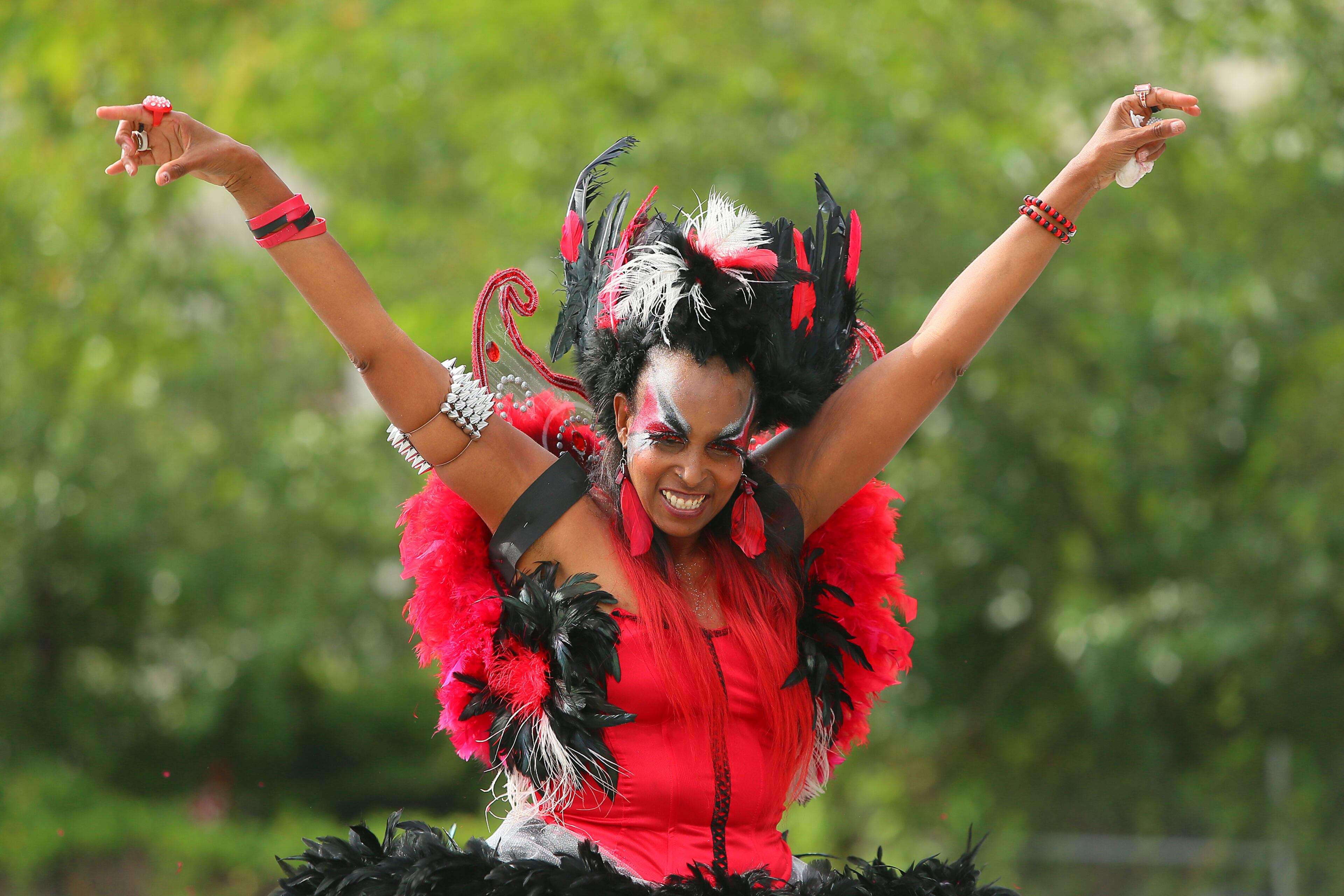 Carolyn Freeman, "The Original Bird Lady," dances in the parking lot while tailgating to begin her 15th season as a fanatic fan for the team before the Falcons NFL exhibition game against the Cincinnati Bengals on Thursday, Aug. 8, 2013, in Atlanta.
