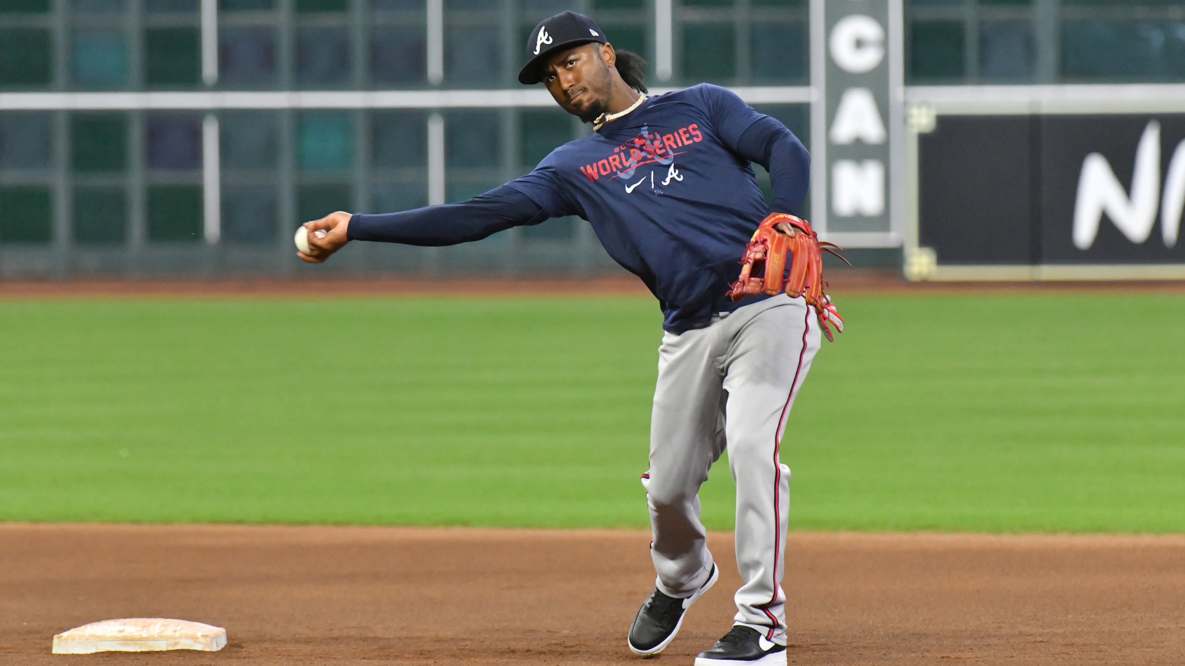 Braves second baseman Ozzie Albies (1) throws a ball during workout in preparation for Game 1 of baseball's World Series against Houston Astros at Minute Maid Park in Houston on Monday, October 25, 2021. (Hyosub Shin / Hyosub.Shin@ajc.com)