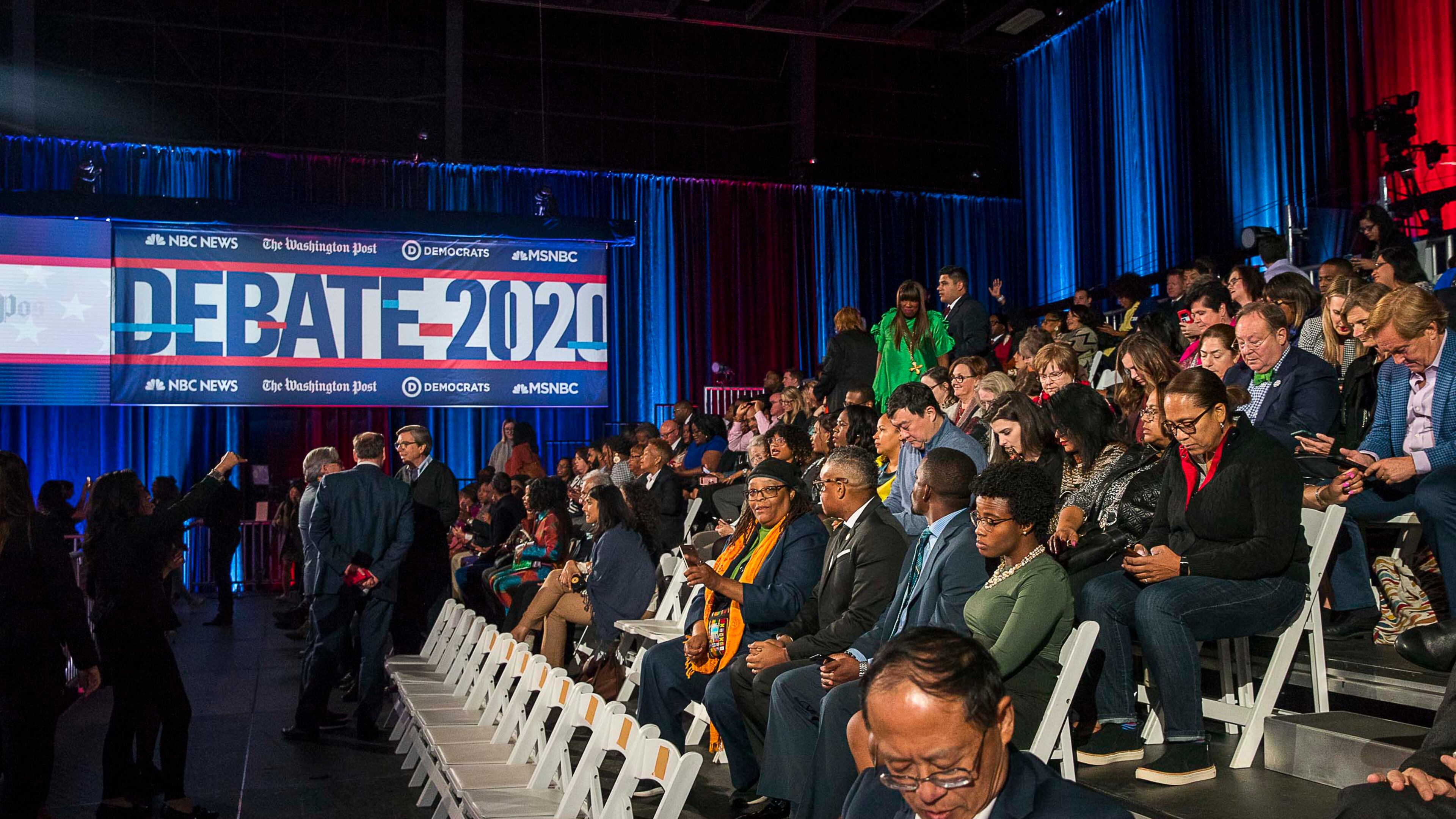 11/20/2019 -- Atlanta, Georgia -- People gather inside the Oprah Winfrey Soundstage before the start of the MSNBC/The Washington Post Democratic Presidential debate at Tyler Perry Studios, Wednesday, November 20, 2019. (Alyssa Pointer/Atlanta Journal Constitution)