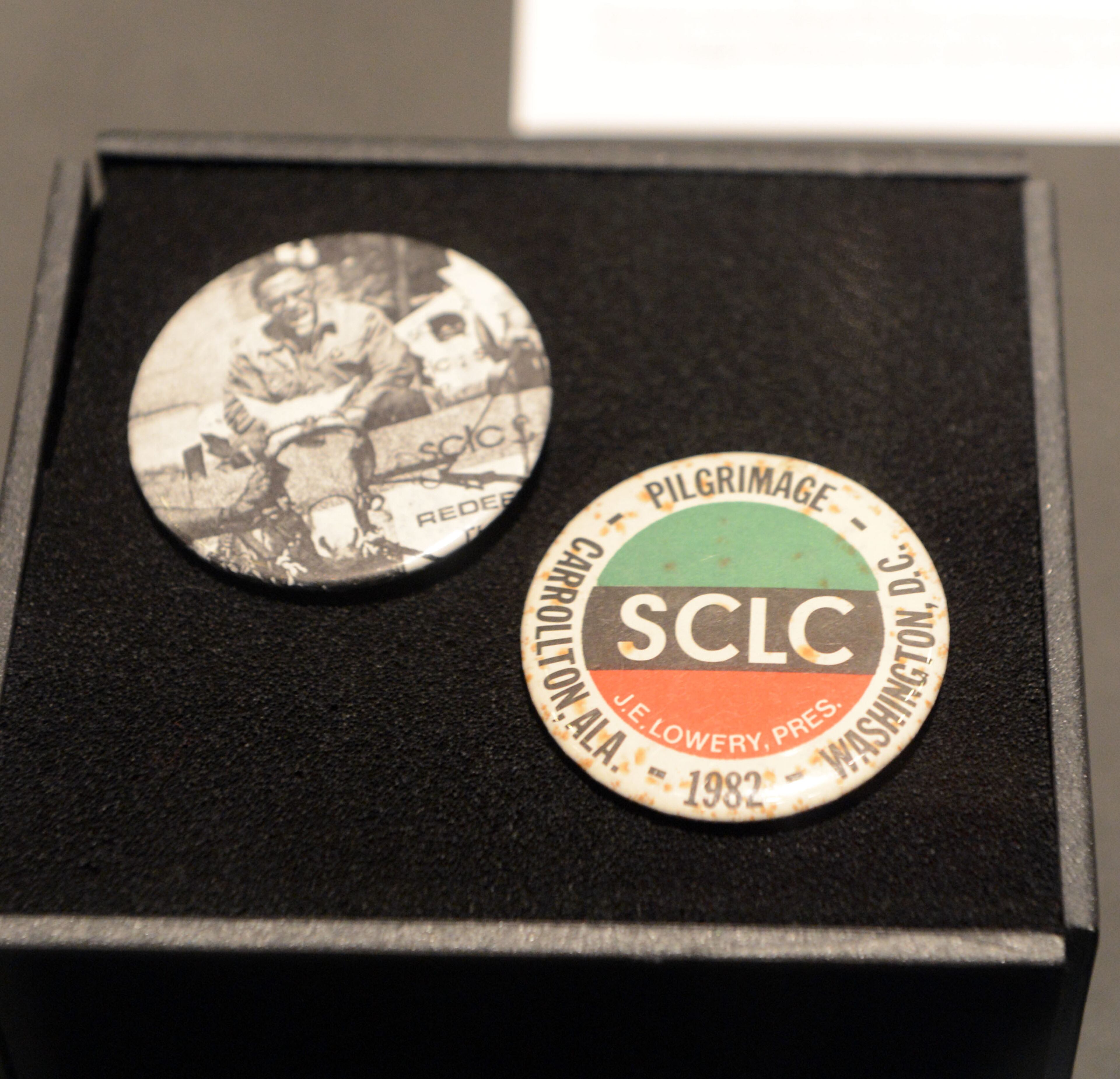 These buttons from the SCLC are part of a vast collection of SCLC documents, photographs, memos, recordings and letters that cover a period from 1968 to 2007. The exhibit runs from Feb 21- December 1.
