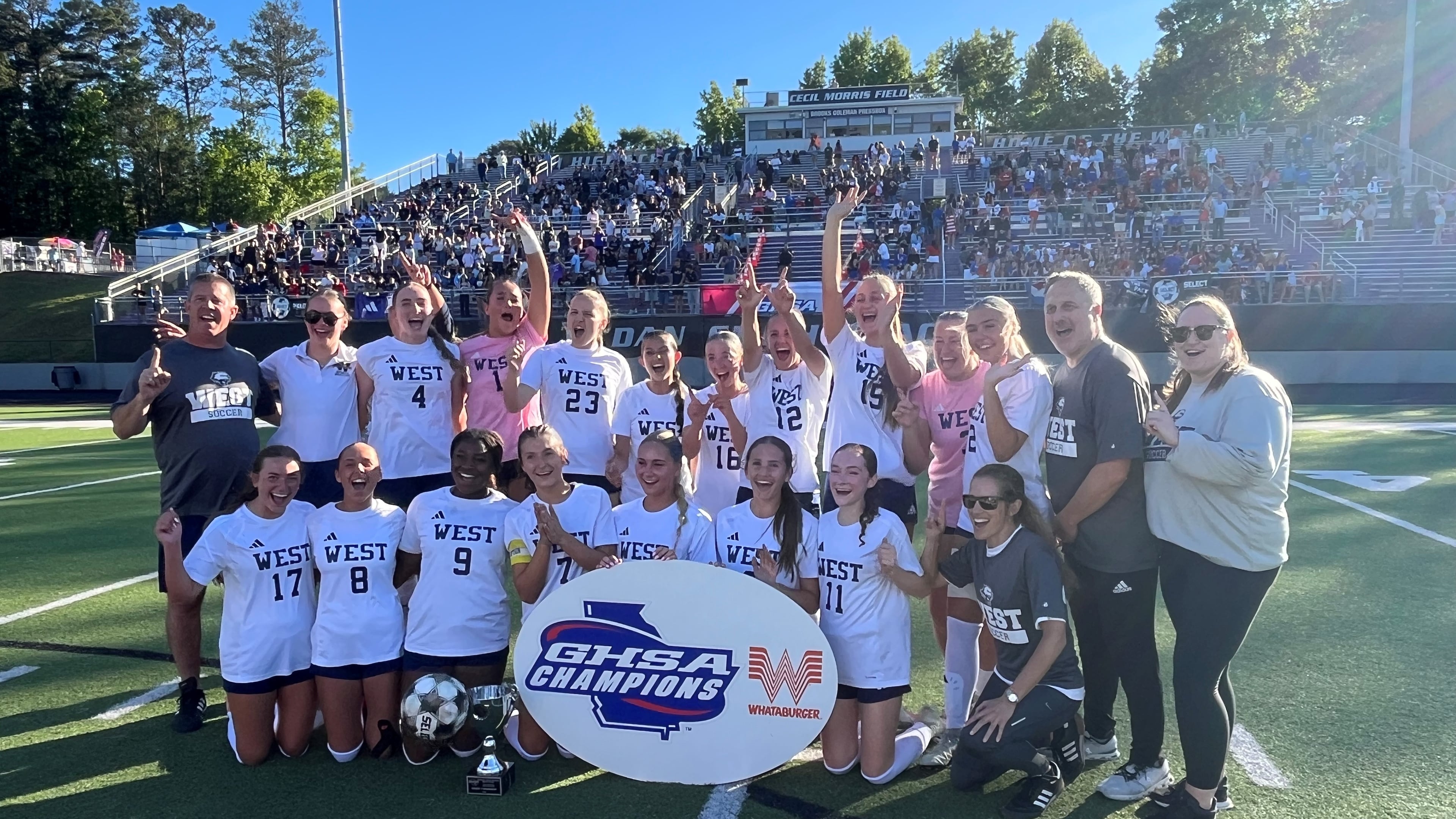 The West Forsyth team and coaches celebrate winning their fourth state title in six years, after beating Walton 2-1 in Thursday’s Class AAAAA girls’ championship game in Duluth.
