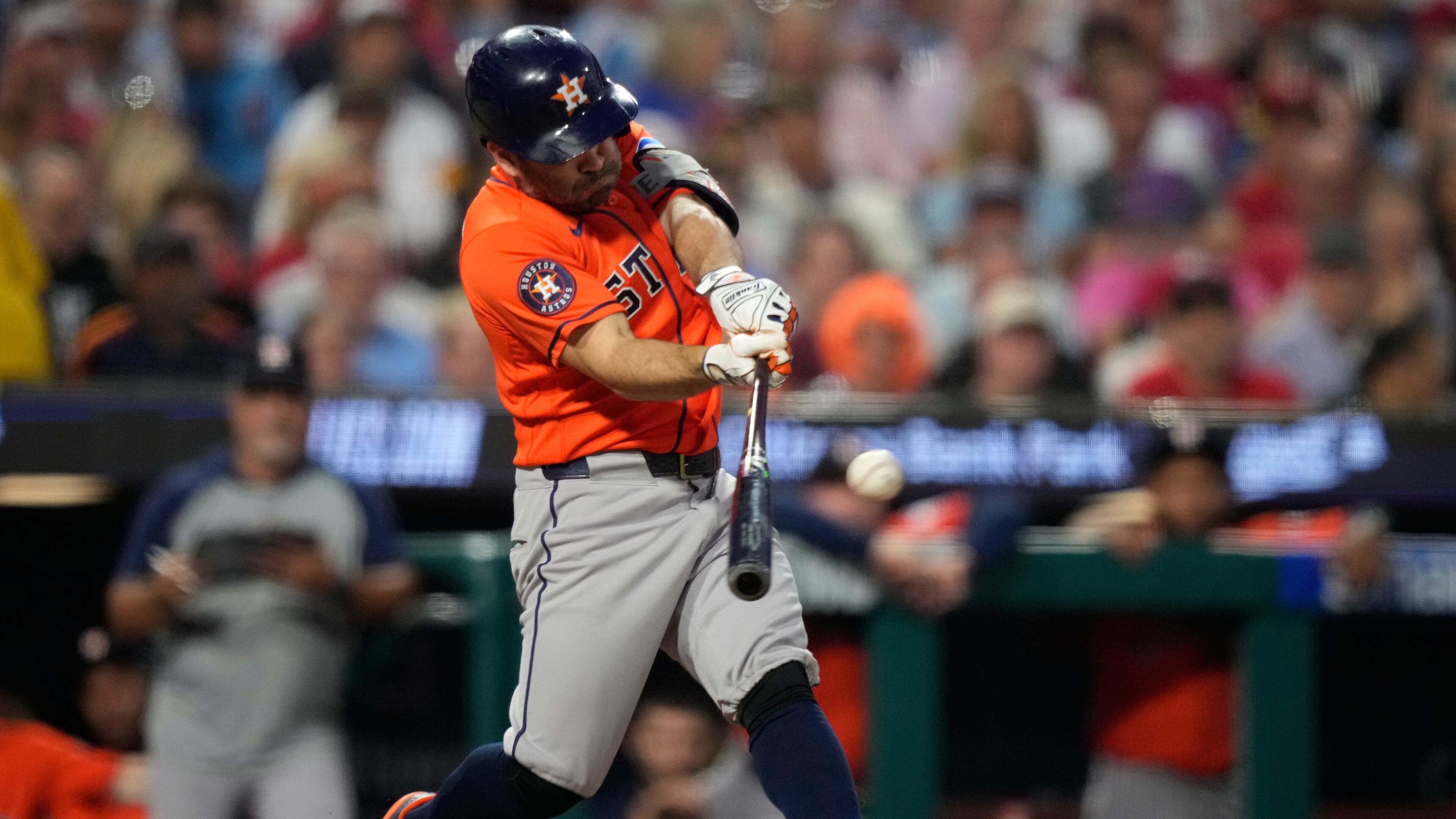 Houston Astros' Jose Altuve hits a double against Philadelphia Phillies pitcher Cristopher Sánchez for his 2,500th career hit during the third inning of a baseball game Wednesday, Sept. 9, 2026, in Philadelphia. (AP Photo/Matt Slocum)