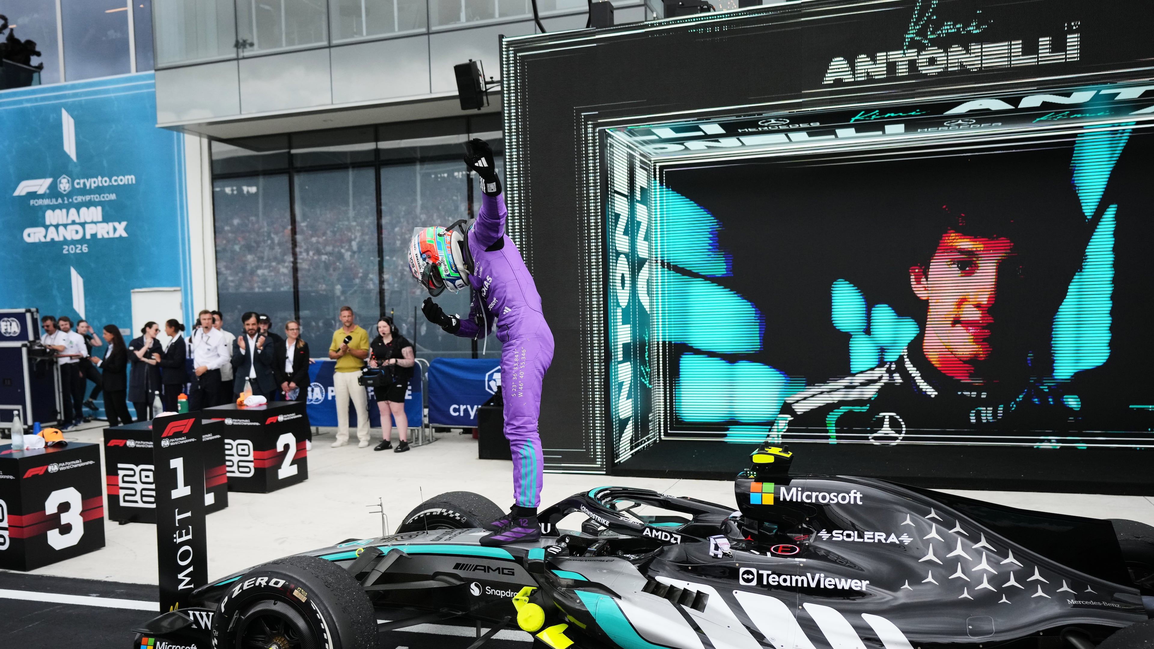 Mercedes driver Kimi Antonelli of Italy celebrates after winning the Miami Formula One Grand Prix auto race, Sunday, May 3, 2026, in Miami Gardens, Fla. (AP Photo/Rebecca Blackwell)