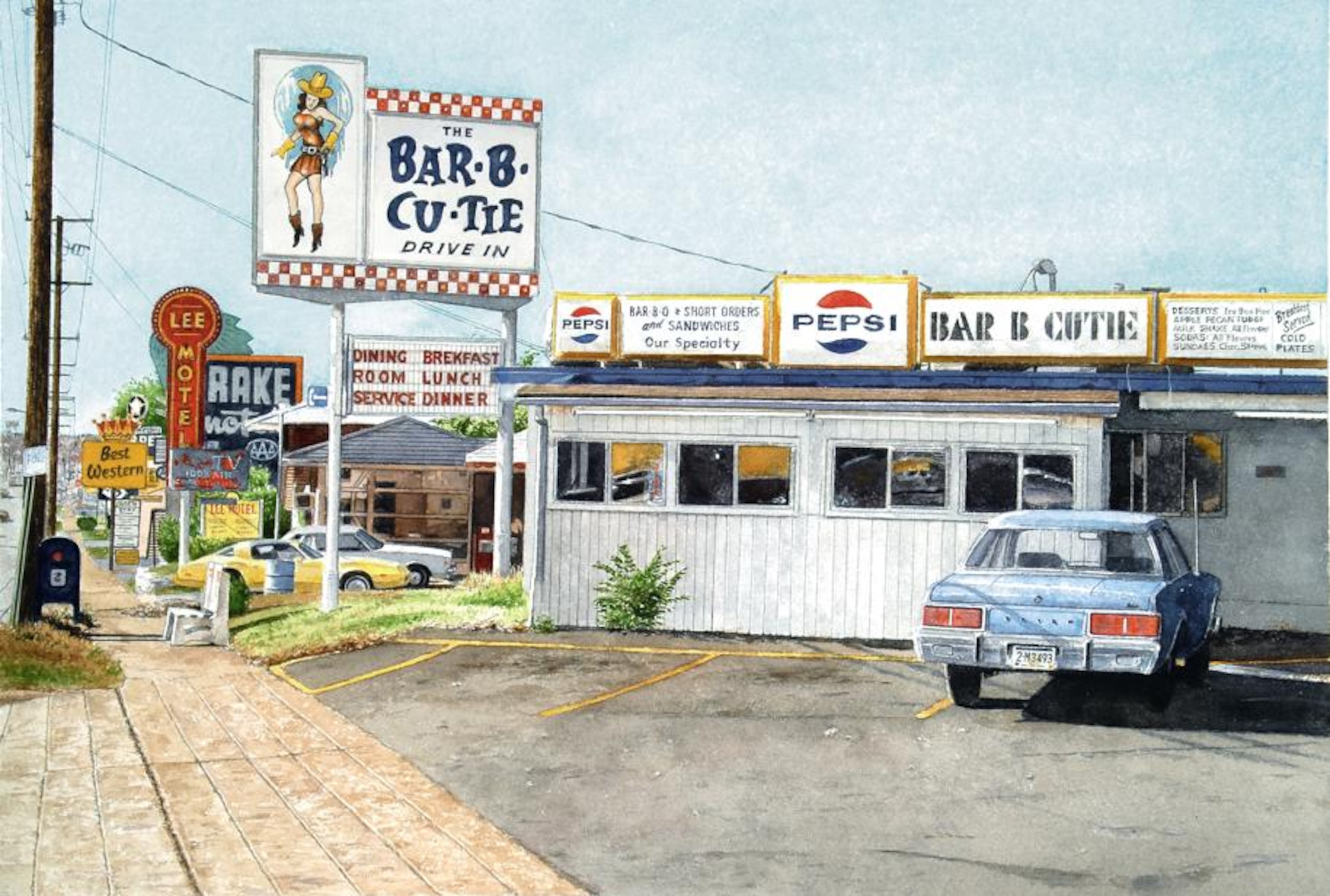 John Baeder's watercolor painting "Bar-B-Cutie" from 2006 documents a barbecue restaurant near Nashville. The photorealist painter focuses on diners and other roadside attractions.