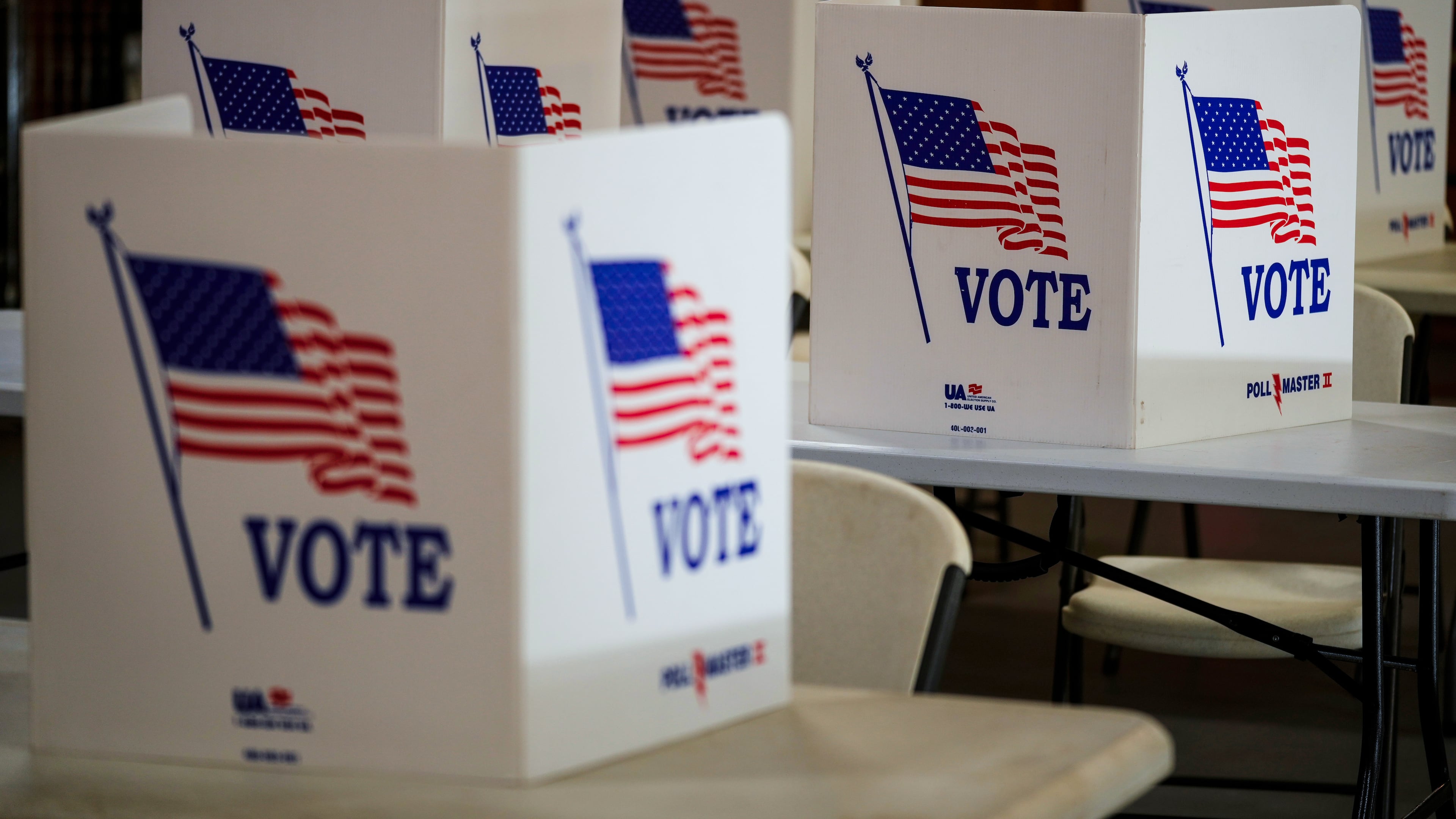 FILE- Voting booths are set up at a polling place in Newtown, Pa, April 23, 2024. (AP Photo/Matt Rourke, File)