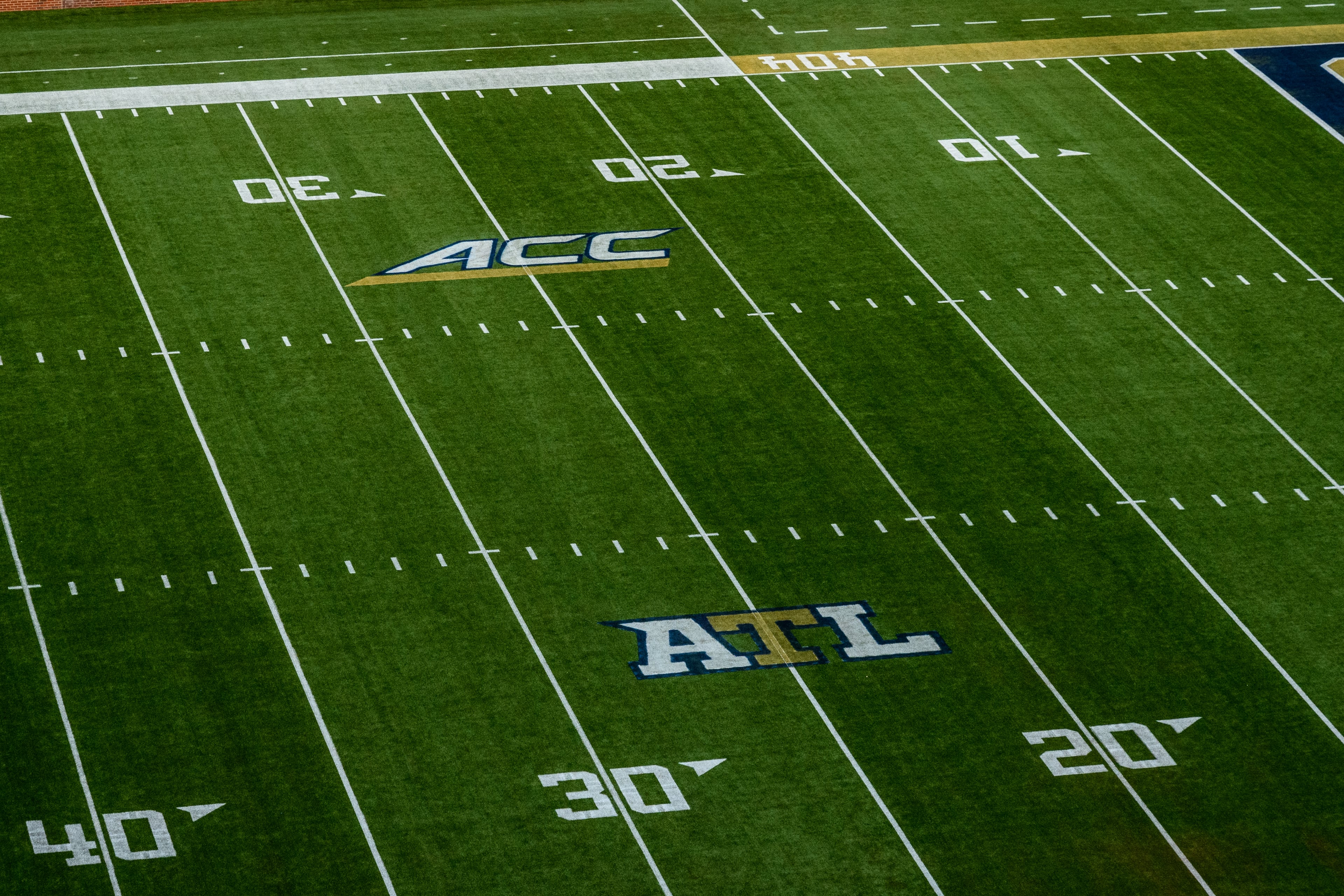 The ACC and the new Georgia Tech "ATL" logos are visible on the new Grant Field turf at Georgia Tech's Bobby Dodd Stadium on Sept. 1, 2020. (Photo by Danny Karnik/Georgia Tech Athletics)