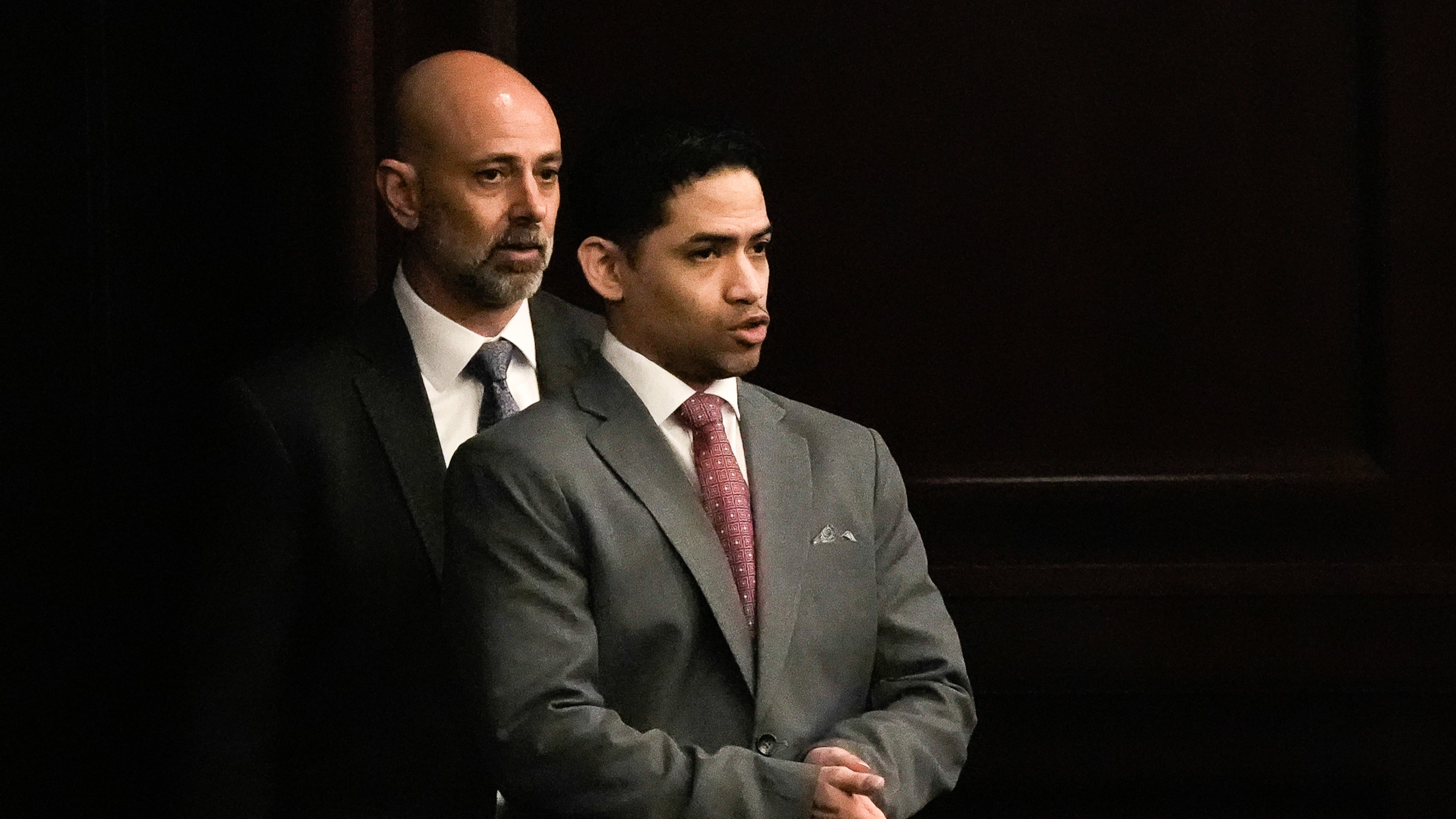 Defense Attorney James Hill, left walks in his client, defendant Mario Fernandez Saldana, during his trial on Tuesday, Aug. 25, 2026 at the Duval Count Courthouse in Jacksonville, Fla. [Doug Engle/The Florida Times-Union via AP, Pool)