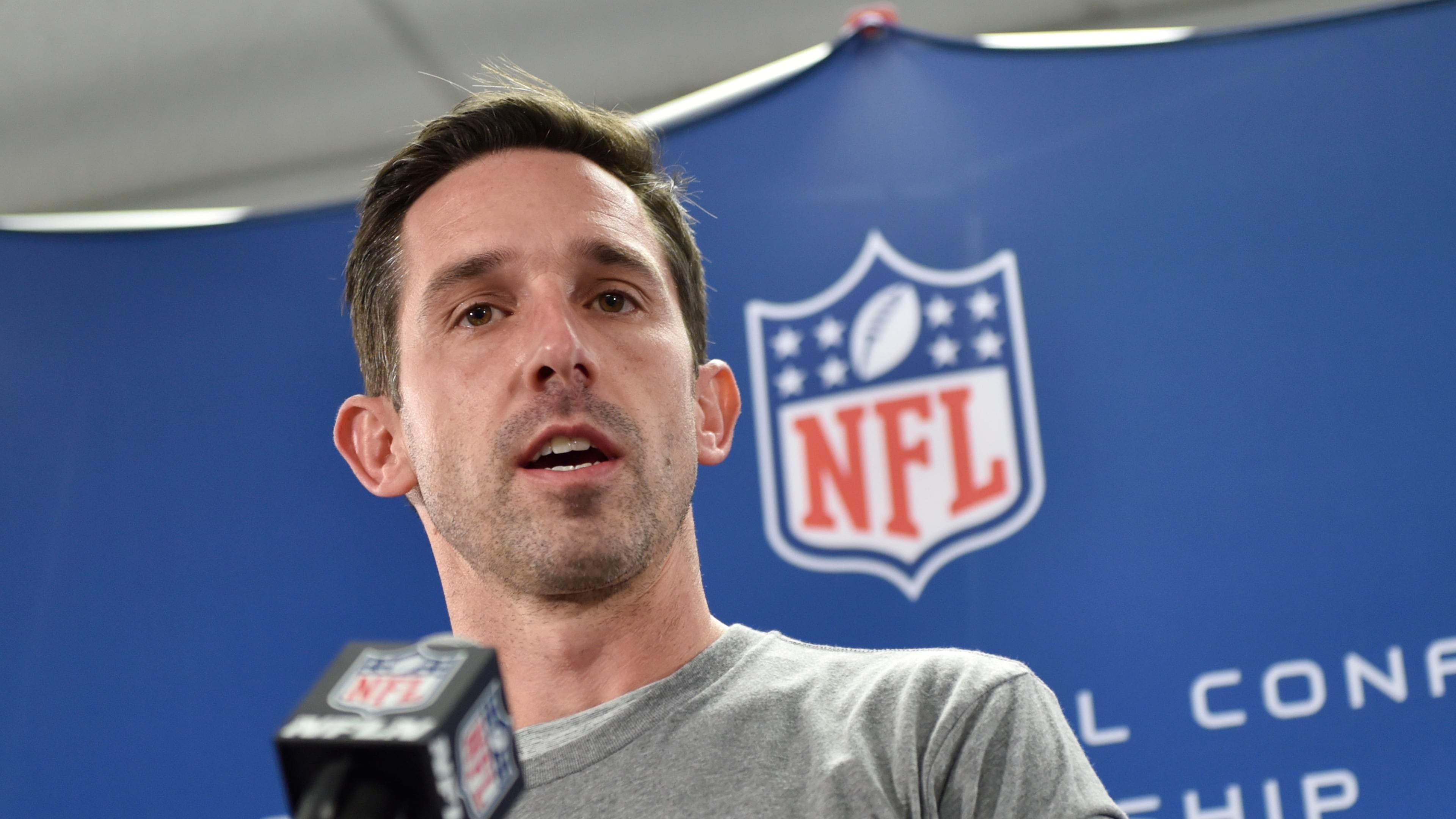 January 19, 2017, Flowery Branch - Falcons offensive coordinator Kyle Shanahan speaks during the Falcons press conference as they prepare to play the Packers in the NFC Championship game in Flowery Branch, Georgia, on Thursday, January 19, 2017. (DAVID BARNES / DAVID.BARNES@AJC.COM)
