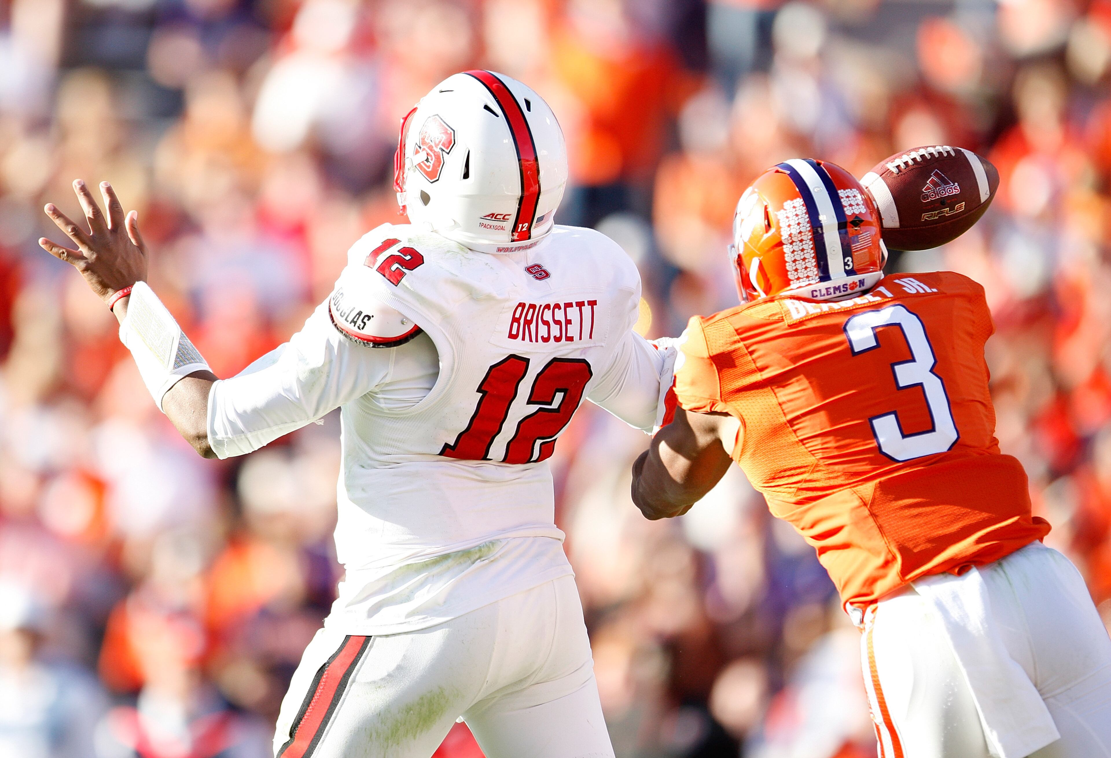 Vic Beasley, Clemson. Here Beasley forces Jacoby Brissett to fumble in their game last October. (Photo by Tyler Smith/Getty Images)