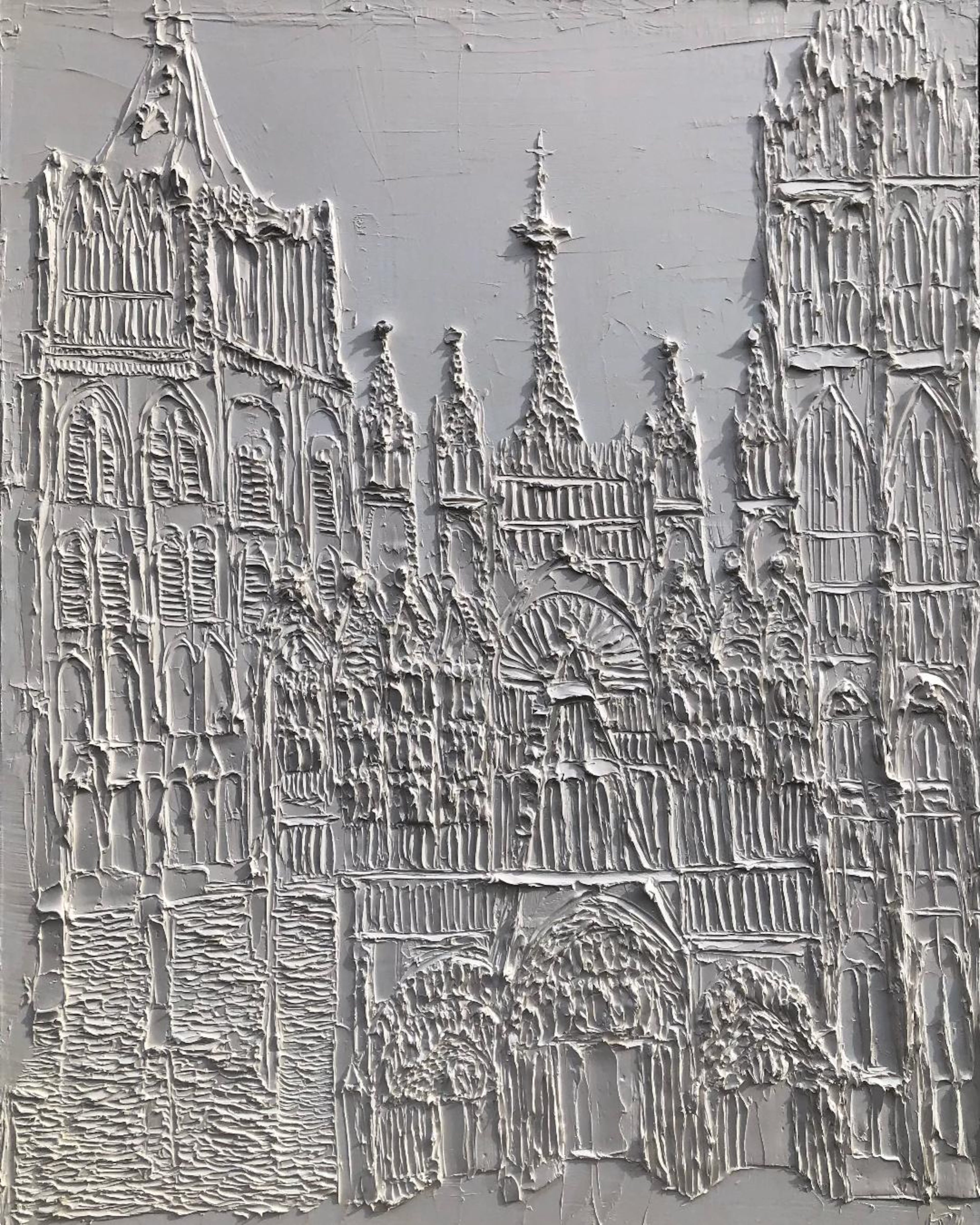 The Rouen Cathedral in Normandy, France, depicted in Major’s signature monochromatic oil sculpture.