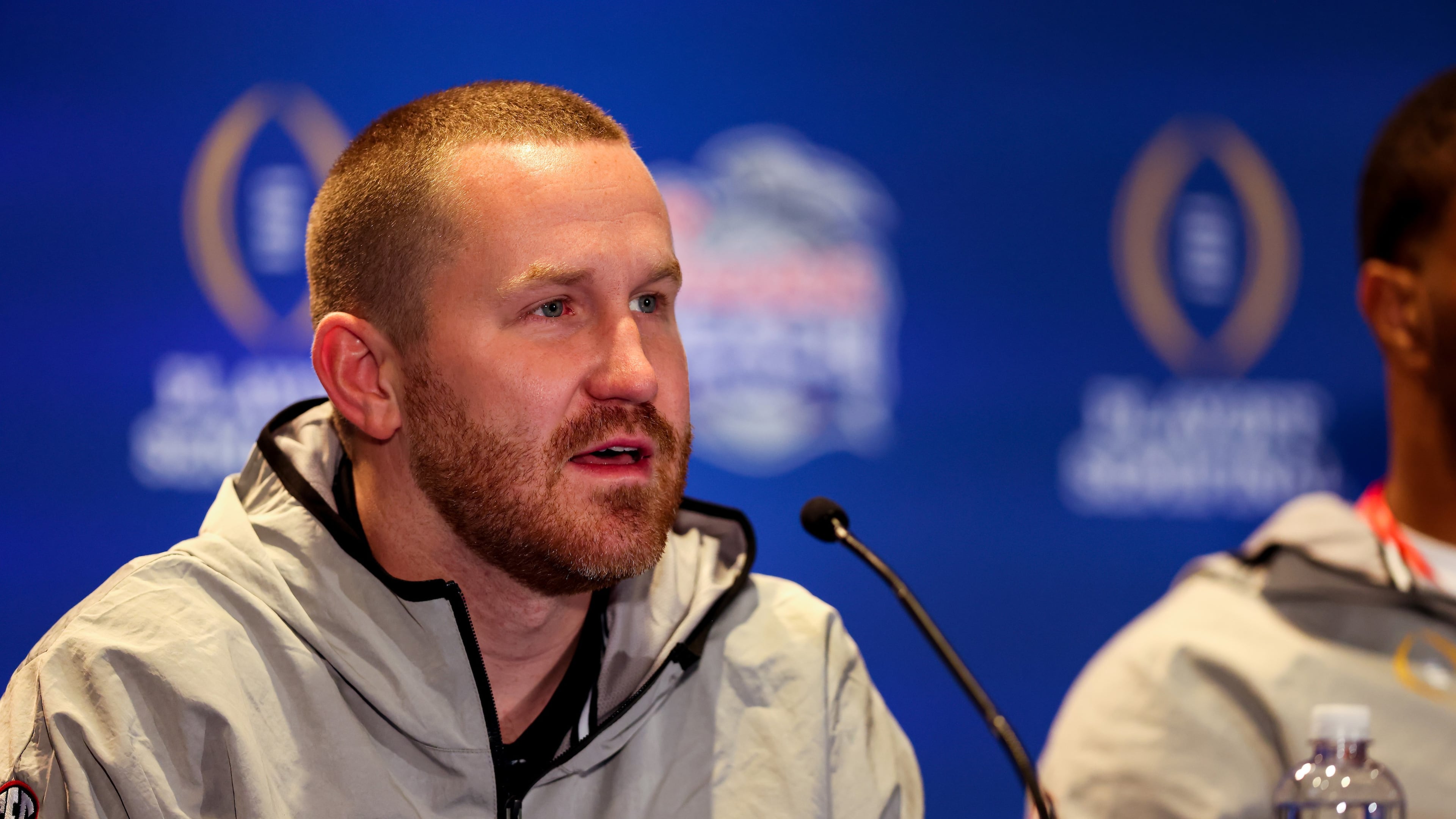 Georgia co-defensive coordinator Glenn Schumann speaks during a press conference on Tuesday, Dec. 27, 2022. Georgia will face Ohio State in the 2022 College Football Playoff Semifinal at the Chick-fil-A Peach Bowl. (Jason Parkhurst via Abell Images for the Chick-fil-A Peach Bowl)