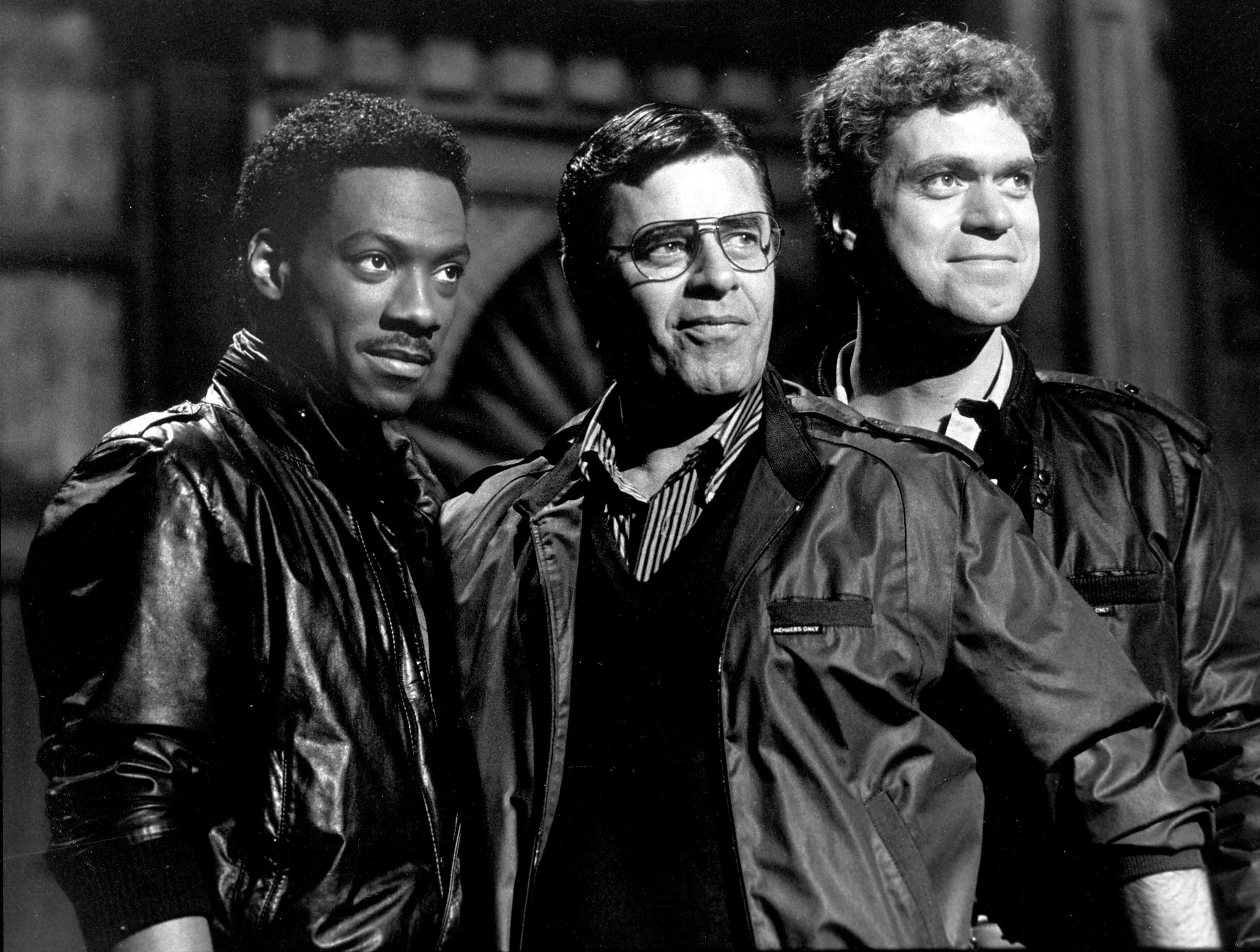 (L-R) Actor/comedians Eddie Murphy, Jerry Lewis and Joe Piscopo appearing on television series Saturday Night Live. (Photo by David Mcgough/DMI/The LIFE Picture Collection/Getty Images)