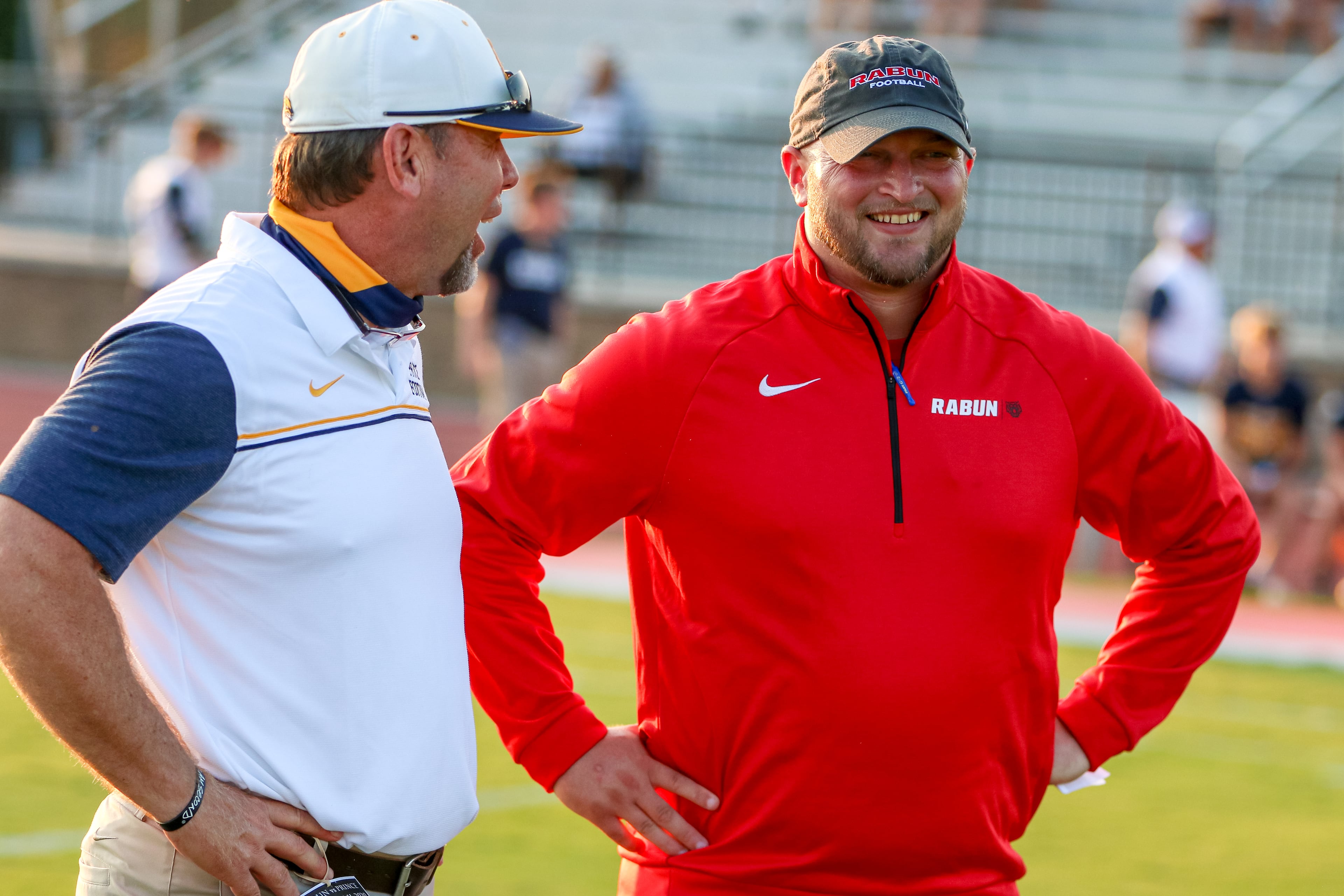 Then-Prince Avenue coach Greg Vandagriff (left) and then-Rabun County coach Jaybo Shaw share a laugh before their teams face off. (Jeff Senetell/DawgNation)