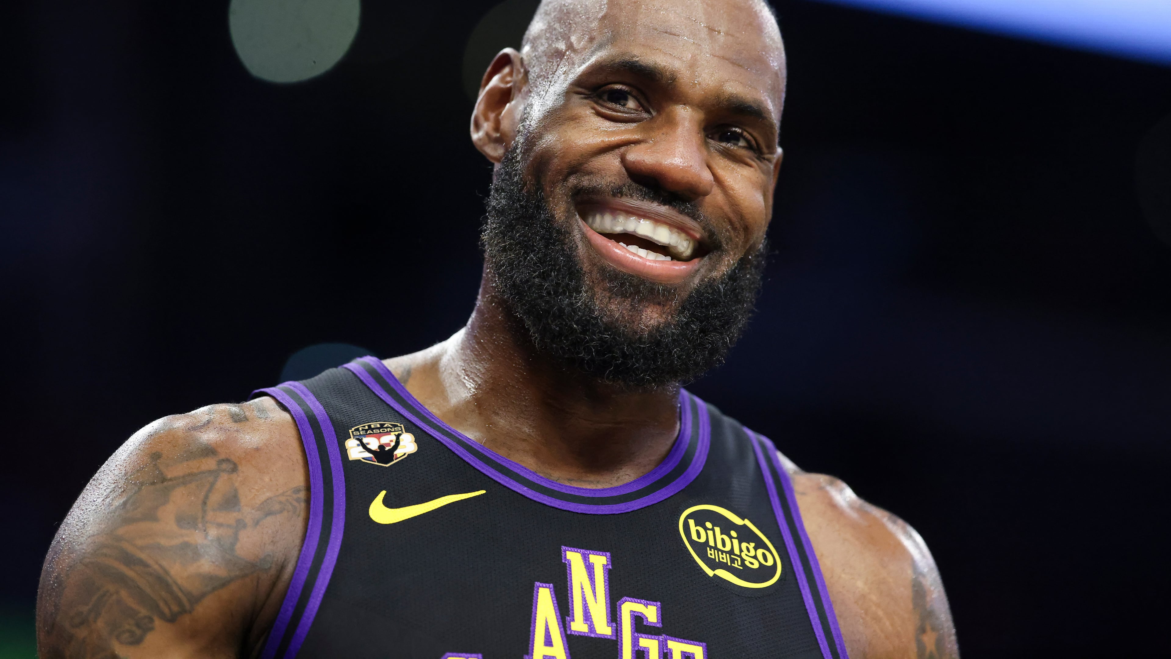 FILE - Los Angeles Lakers forward LeBron James reacts during the first half of an NBA basketball game against the Phoenix Suns, Friday, April 10, 2026, in Los Angeles. (AP Photo/Jessie Alcheh, File)