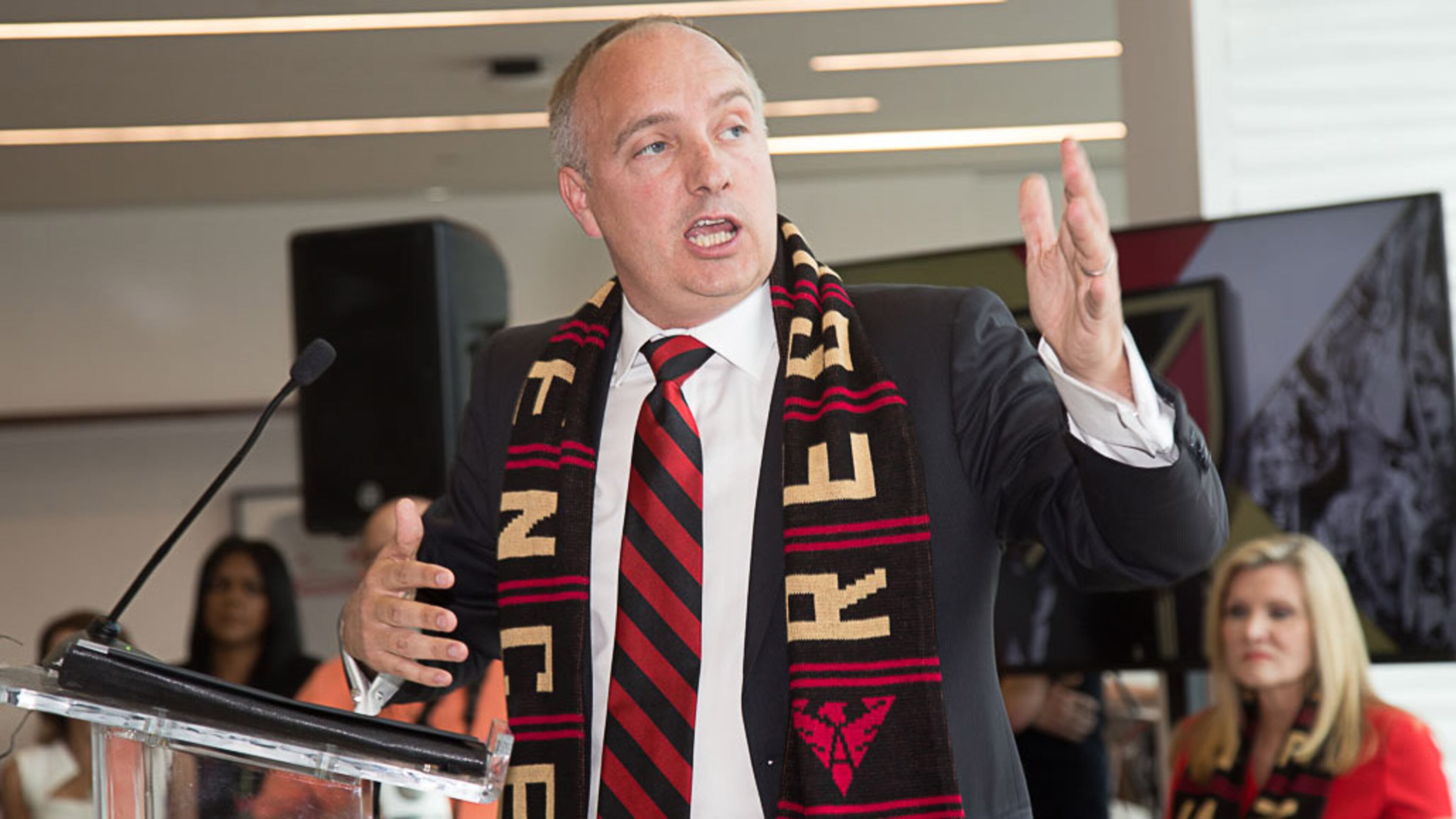 Atlanta United club president Darren Eales talks during the ground breaking ceremony of the Children’s Healthcare of Atlanta Training Ground in Marietta GA Tuesday 11, 2017.