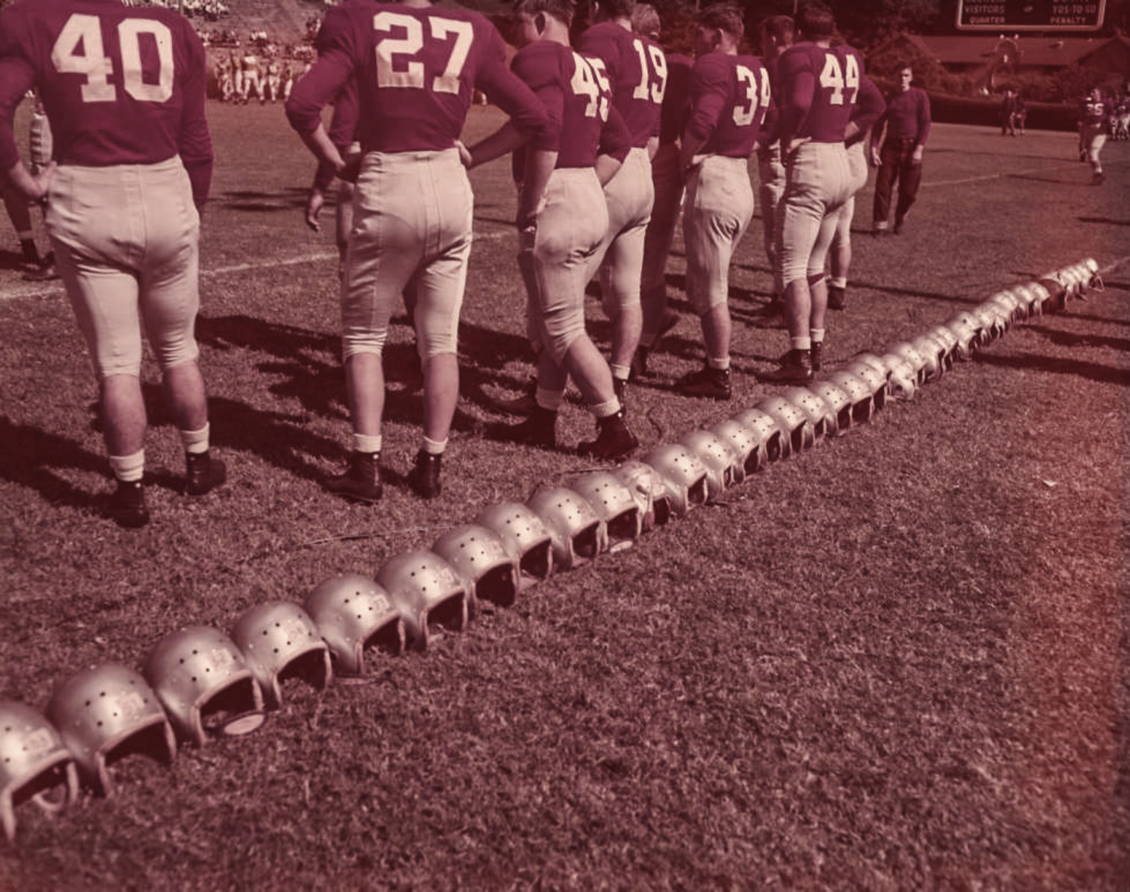 Georgia Bulldogs football players helmets line the sideline, 1950