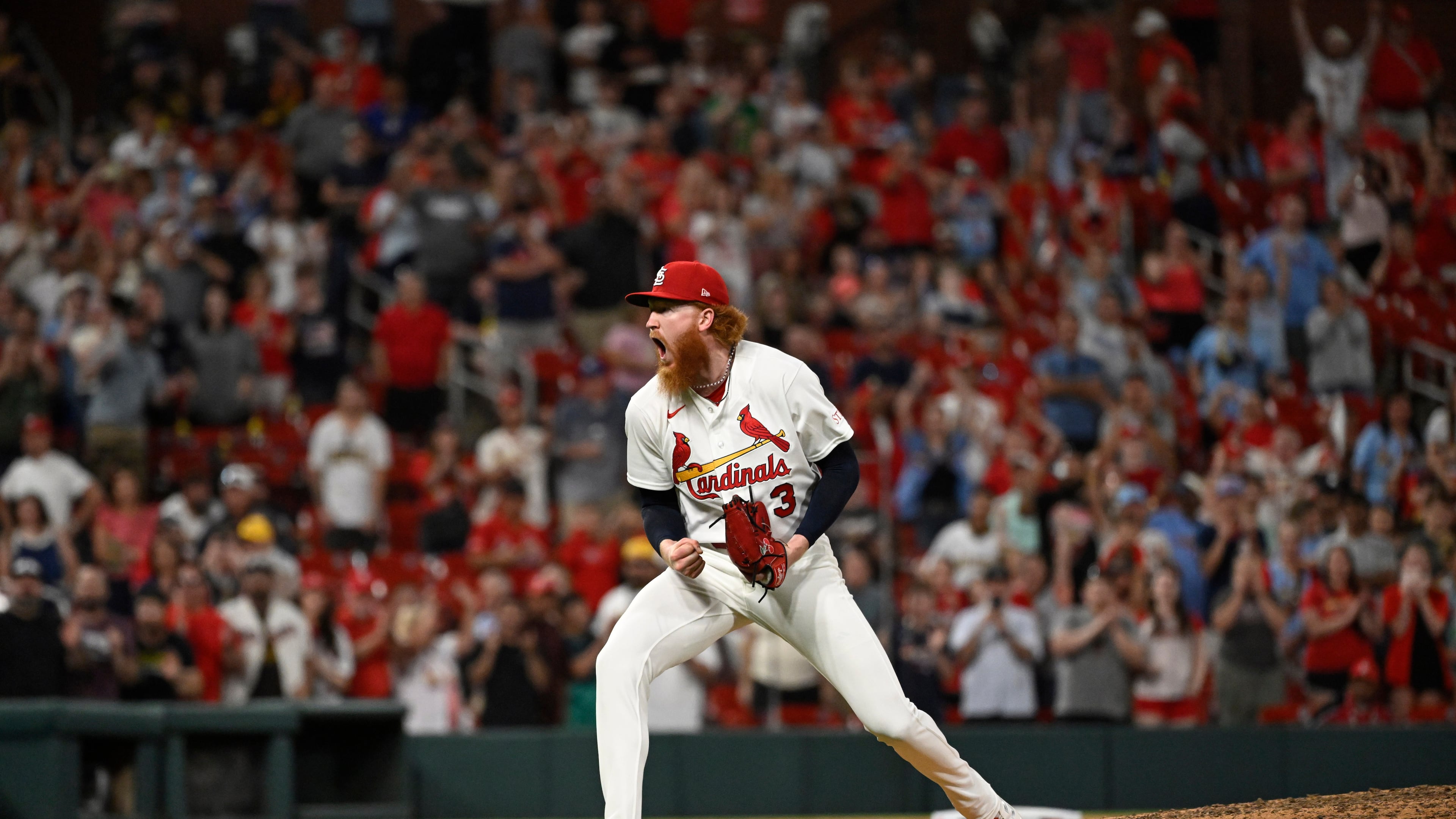 St. Louis Cardinals starting pitcher Dustin May celebrates after the team defeated the San Diego Padres in a baseball game, Monday, June 15, 2026, in St. Louis. (AP Photo/Joe Puetz)