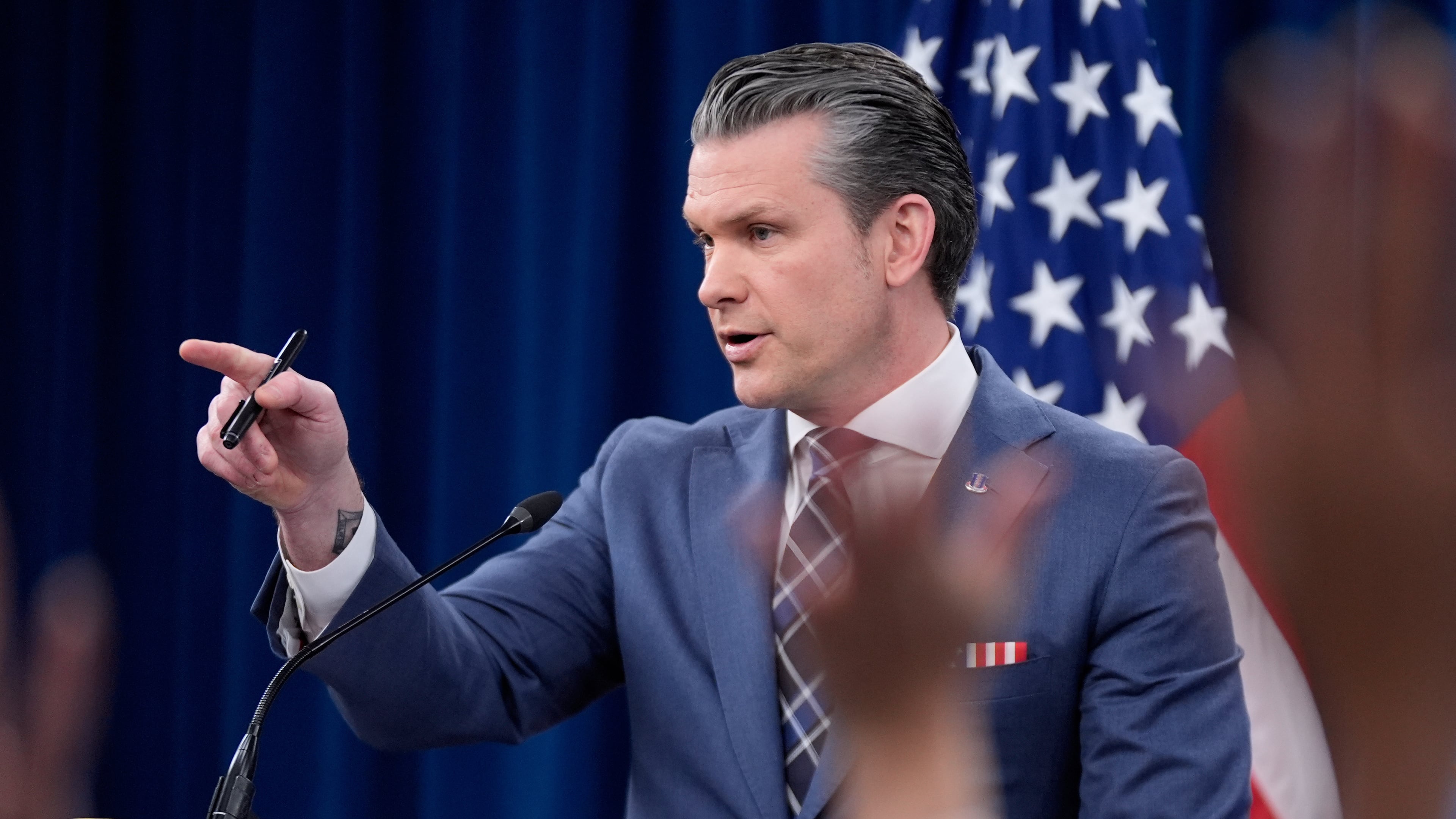 Defense Secretary Pete Hegseth speaks to members of the media during a press briefing at the Pentagon in Washington, Thursday, March 19, 2026. (AP Photo/Manuel Balce Ceneta)