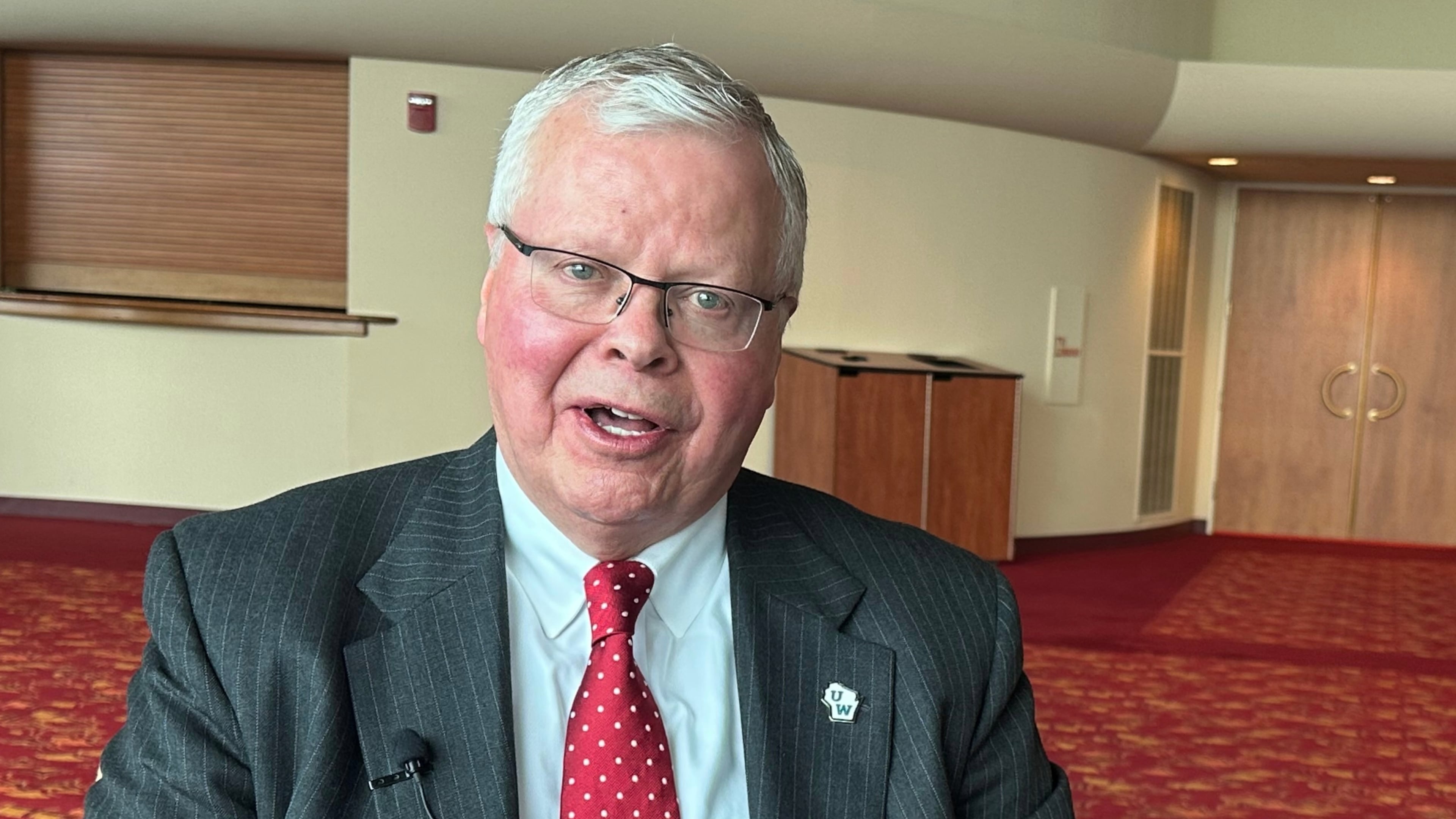 Fired Universities of Wisconsin President Jay Rothman speaks during an interview with The Associated Press on Wednesday, April 8, 2026, in Madison, Wis. (AP Photo/Scott Bauer)