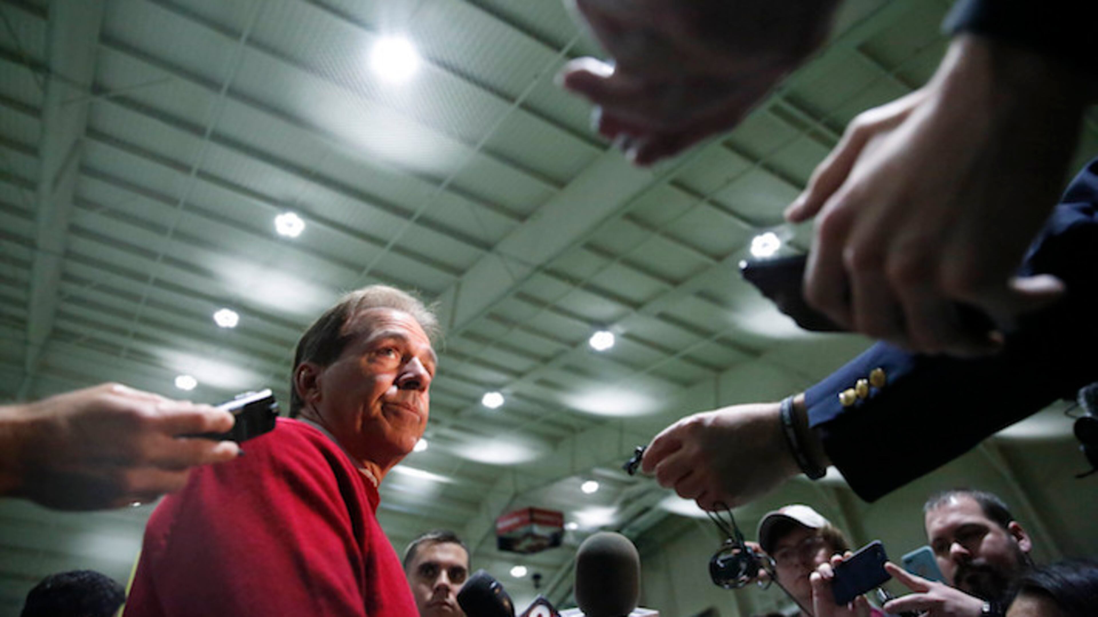 Alabama coach Nick Saban speaks to the media during Alabama's Pro Day, Wednesday, March 7, 2018, in Tuscaloosa, Ala. The event is to showcase players for the upcoming NFL football draft. (AP Photo/Brynn Anderson)