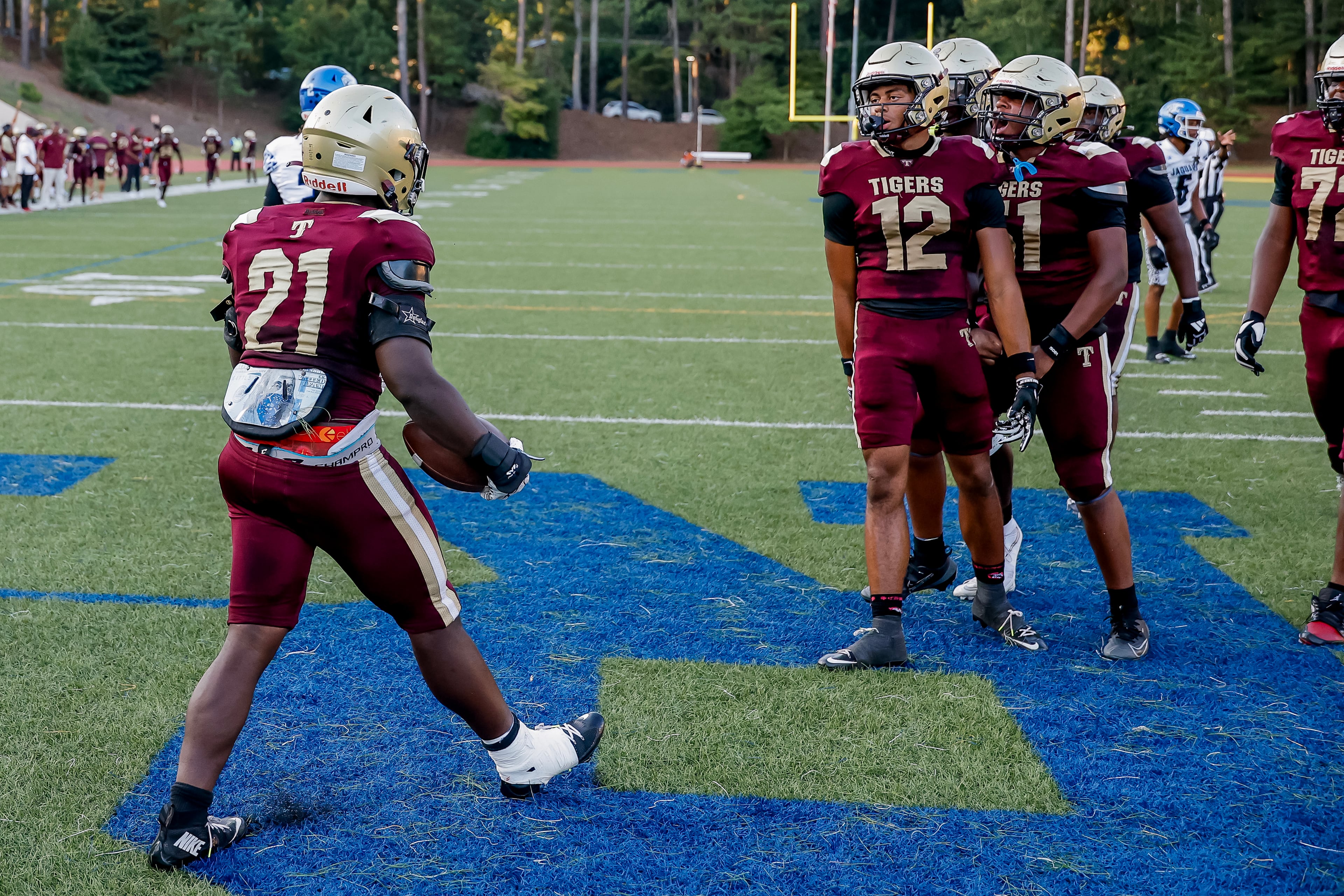 Tucker’s Thaddeous Tillman (left) celebrates his touchdown against Stephenson with his teammates at Hallford Stadium on Friday, Sept. 4, 2026, in Clarkston. (Erik S. Lesser for the AJC)
