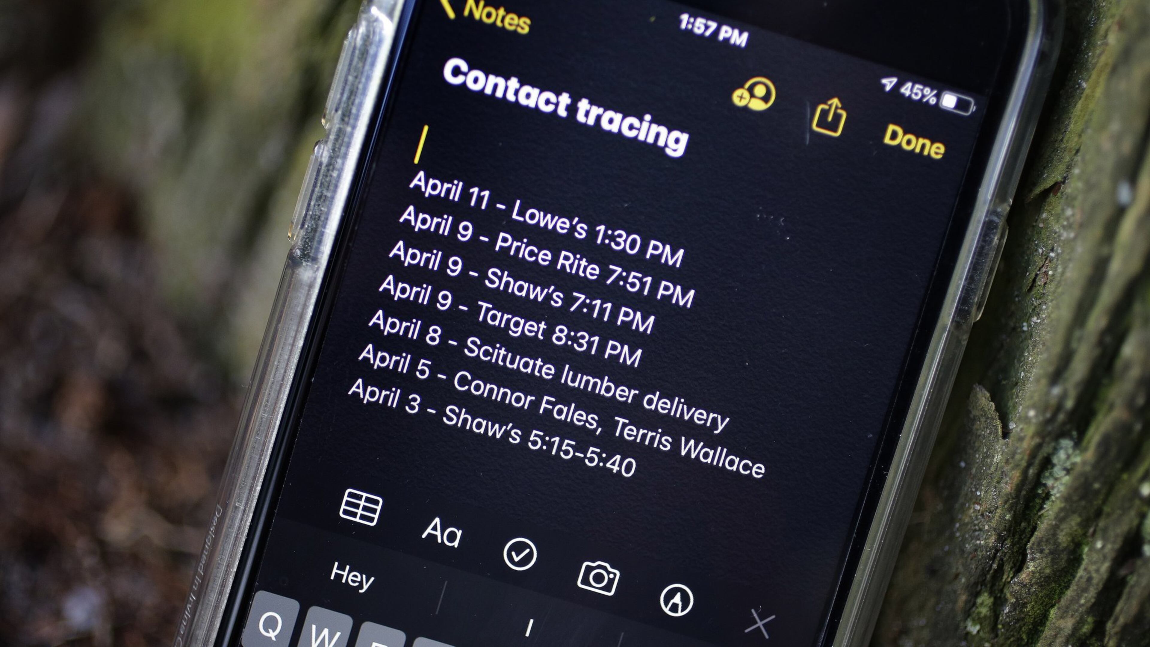 A smartphone shows notes made for future contact tracing Wednesday, April 15, 2020. (AP Photo/Steven Senne)