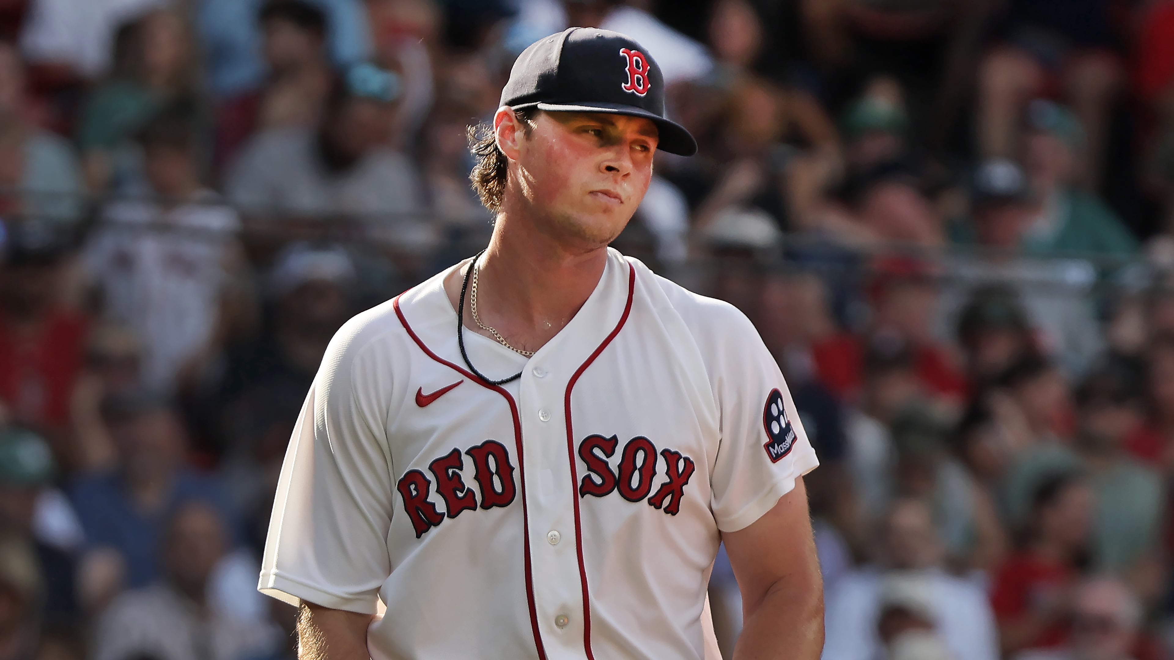 Boston Red Sox pitcher Jake Bennett reacts after giving up a run in the fifth inning of a baseball game against the Athletics, Saturday, Aug. 8, 2026 in Boston. (AP Photo/Jim Davis)