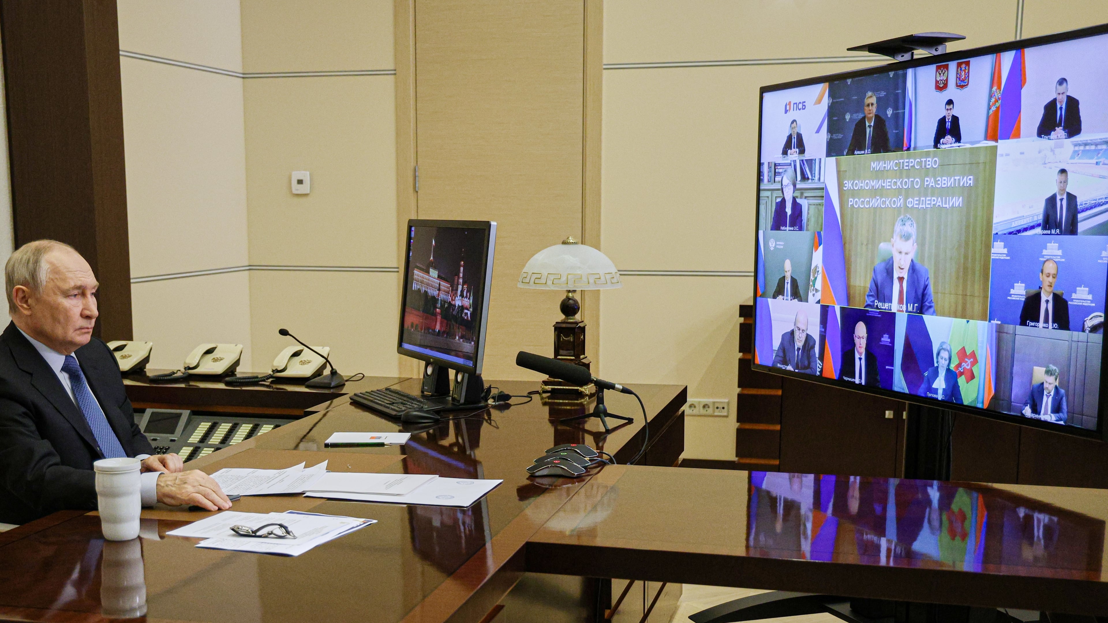 Russian President Vladimir Putin leads a cabinet meeting via videoconference at the Novo-Ogaryovo residence outside Moscow, Wednesday, Sept. 23, 2026. (Vyacheslav Prokofyev/Sputnik, Kremlin Pool Photo via AP)