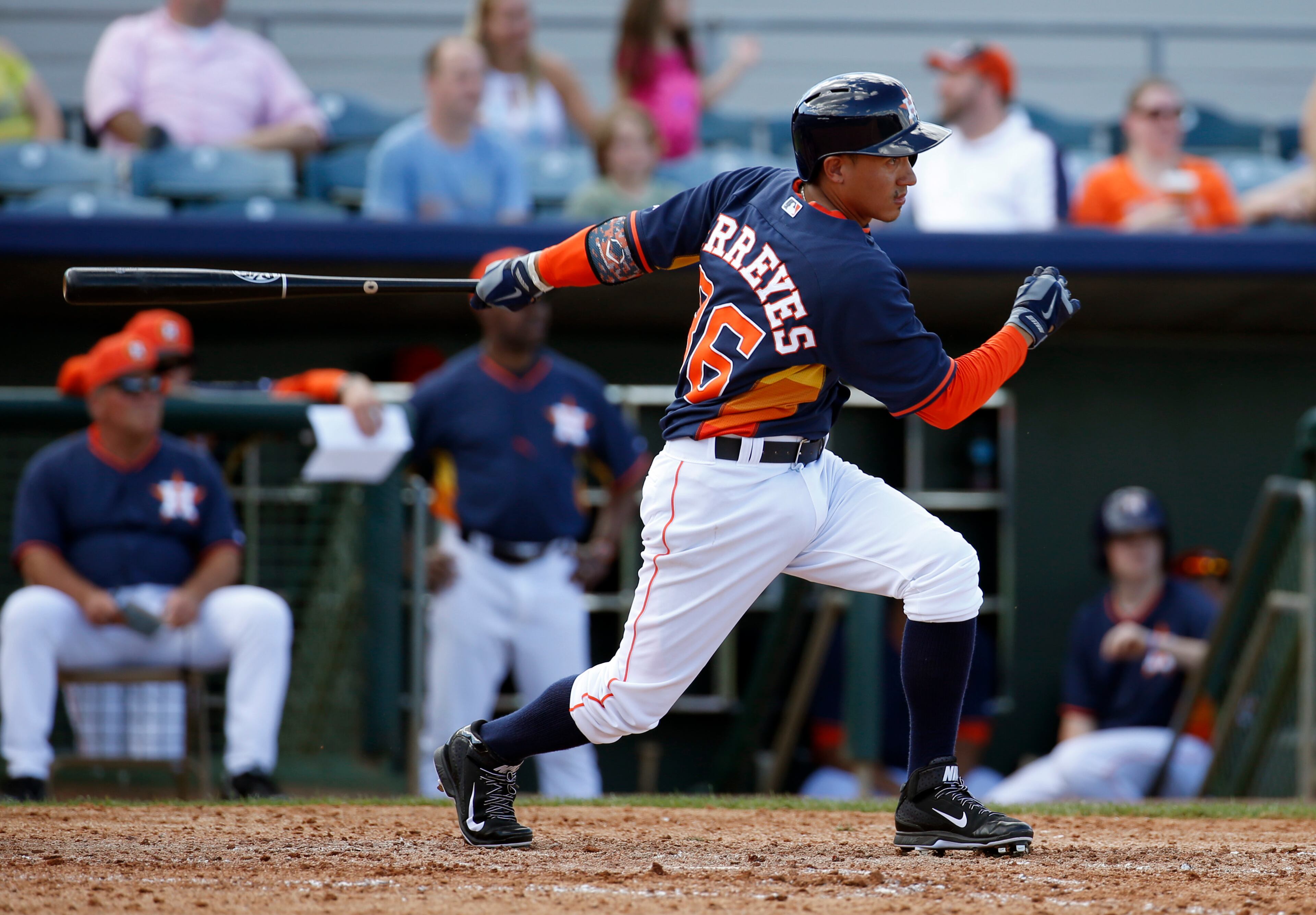 Houston Astros' Ronald Torreyes watches his RBI triple in the seventh inning of an exhibition baseball game against the Atlanta Braves, Sunday, March 2, 2014, in Kissimmee, Fla. The Astros won 7-4. (AP Photo/Alex Brandon)