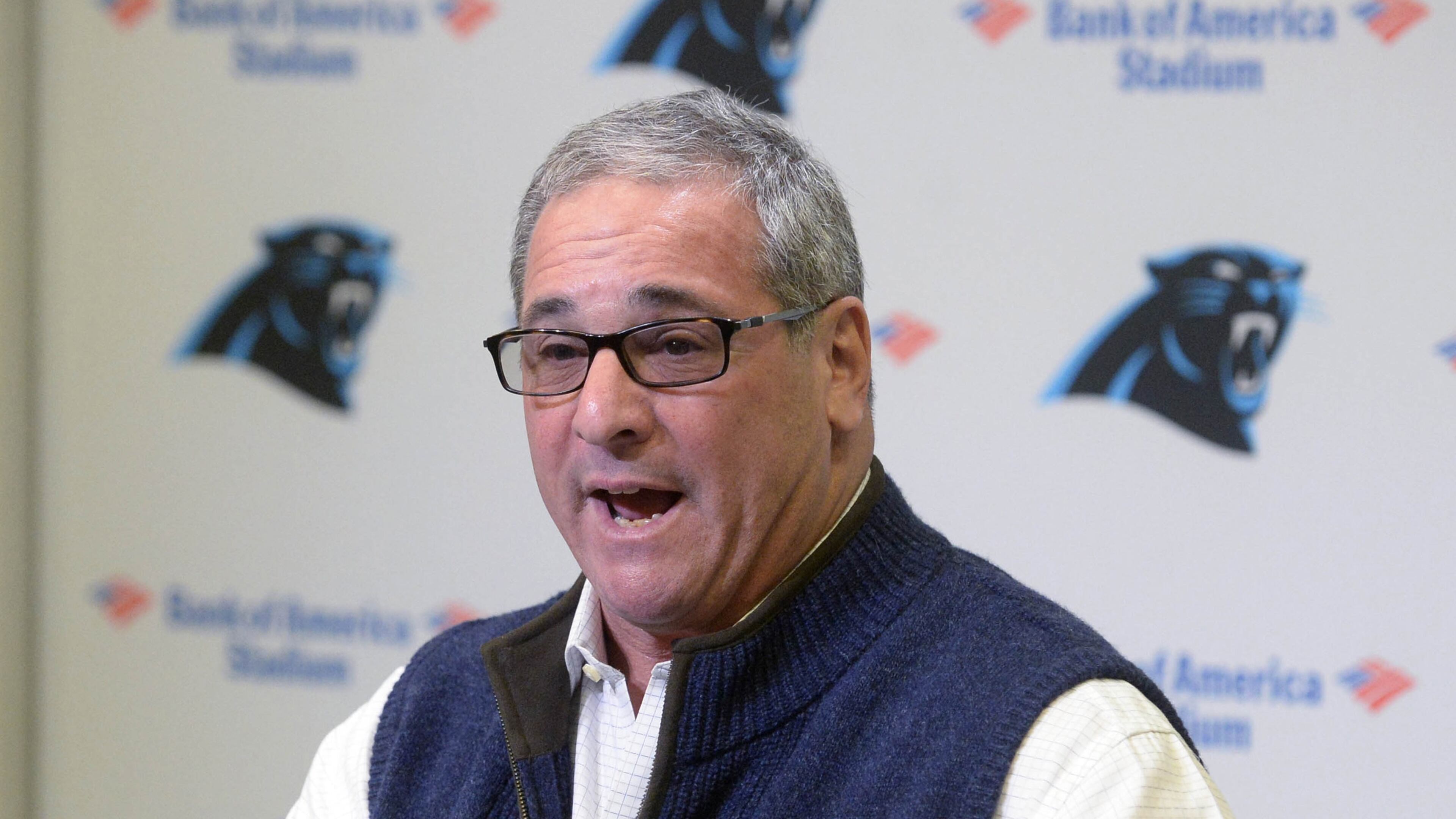 Carolina Panthers general manager Dave Gettleman gestures as he speaks to the media during his end of season press conference on Tuesday, Jan. 3, 2017 at Bank of America Stadium in Charlotte, N.C. The Panthers fired Gettleman, they announced Monday. (David T. Foster III/Charlotte Observer/TNS)