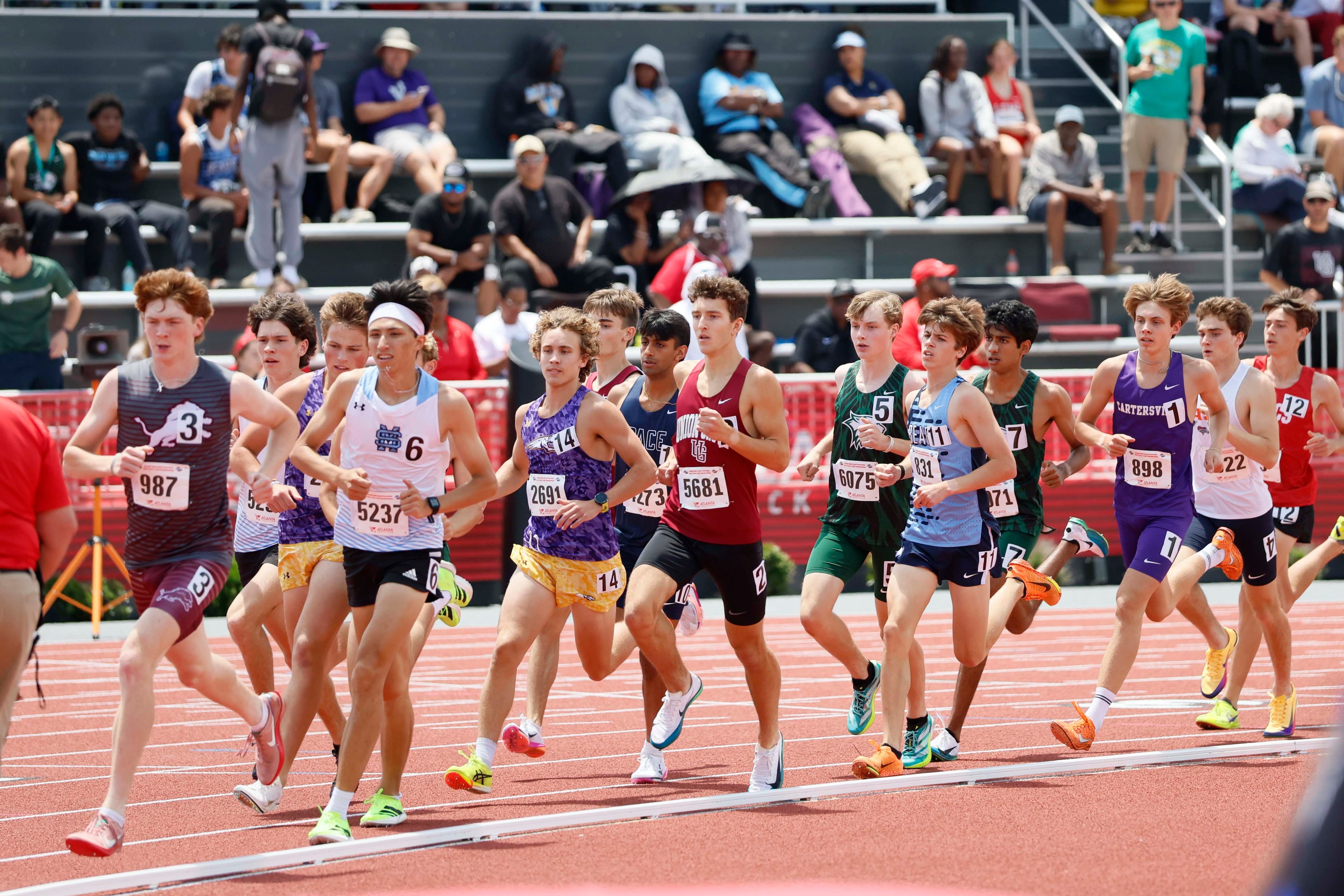 Runners compete in the Boys 1600-meter Run AAAA at the GHSA track and field state championships at UGA Spec Towns Track on Monday, May 11, 2026, in Athens.
(Miguel Martinez/AJC)