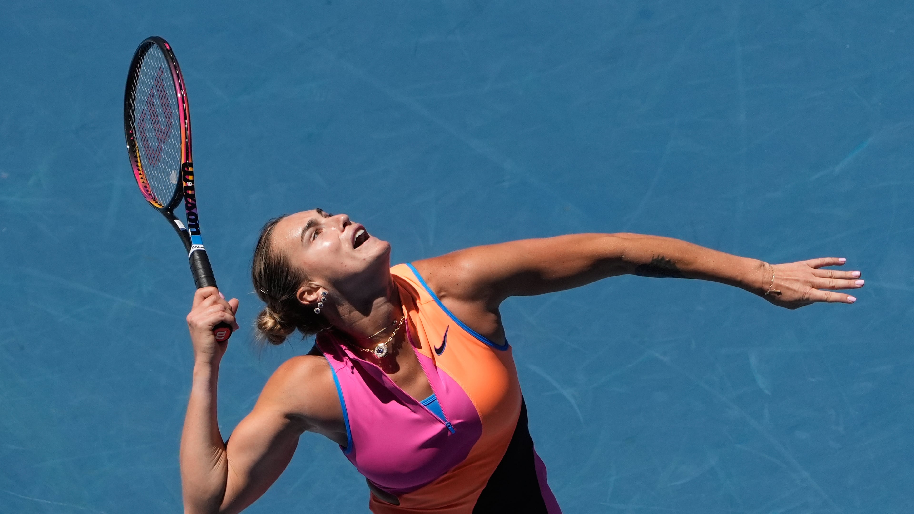 Aryna Sabalenka of Belarus serves to Anastasia Potapova of Austria during their third round match at the Australian Open tennis championship in Melbourne, Australia, Friday, Jan. 23, 2026. (AP Photo/Asanka Brendon Ratnayake)