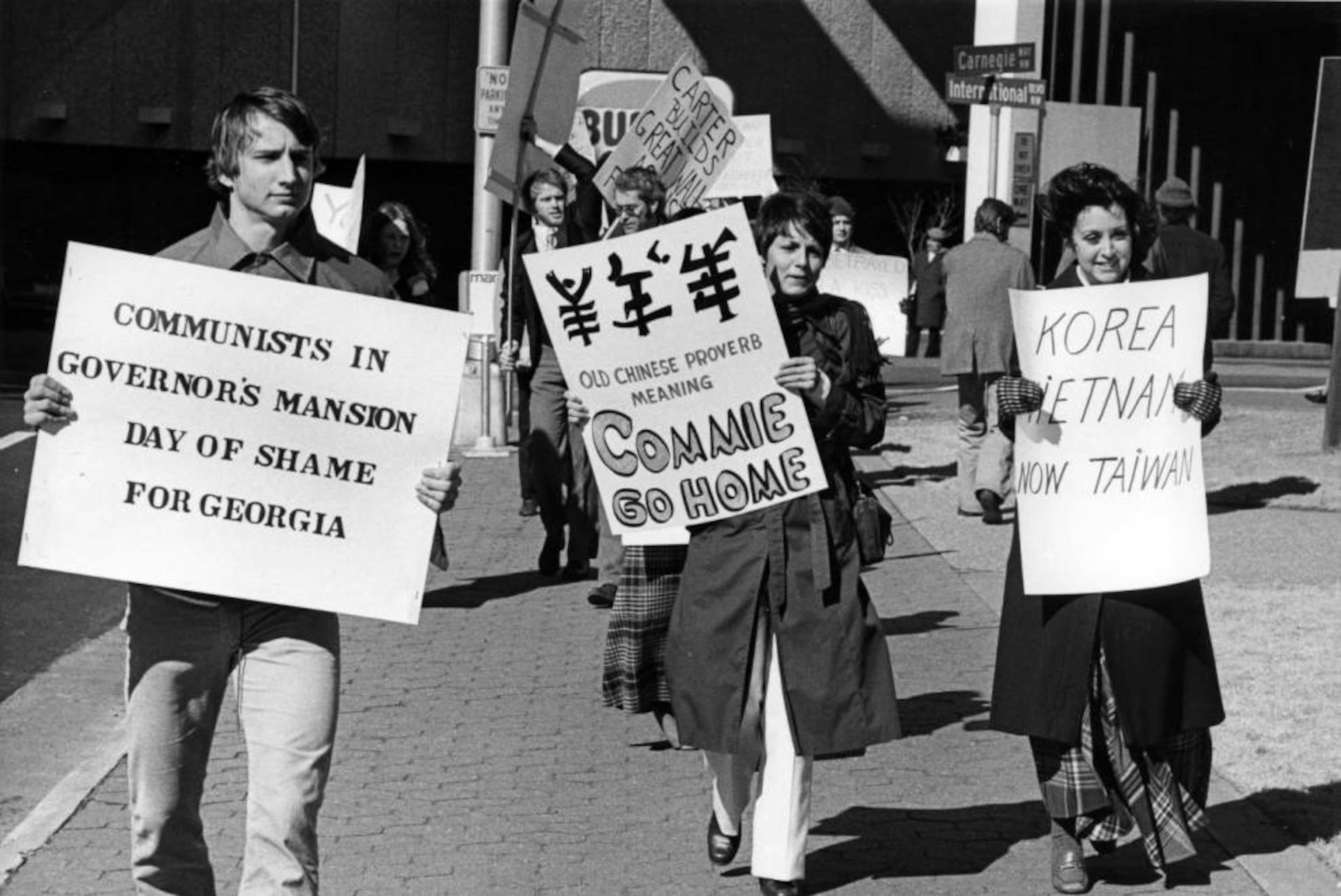 Protesters picketing against Chinese Vice Premier Deng Xiaoping's visit to Atlanta on February 2, 1979.