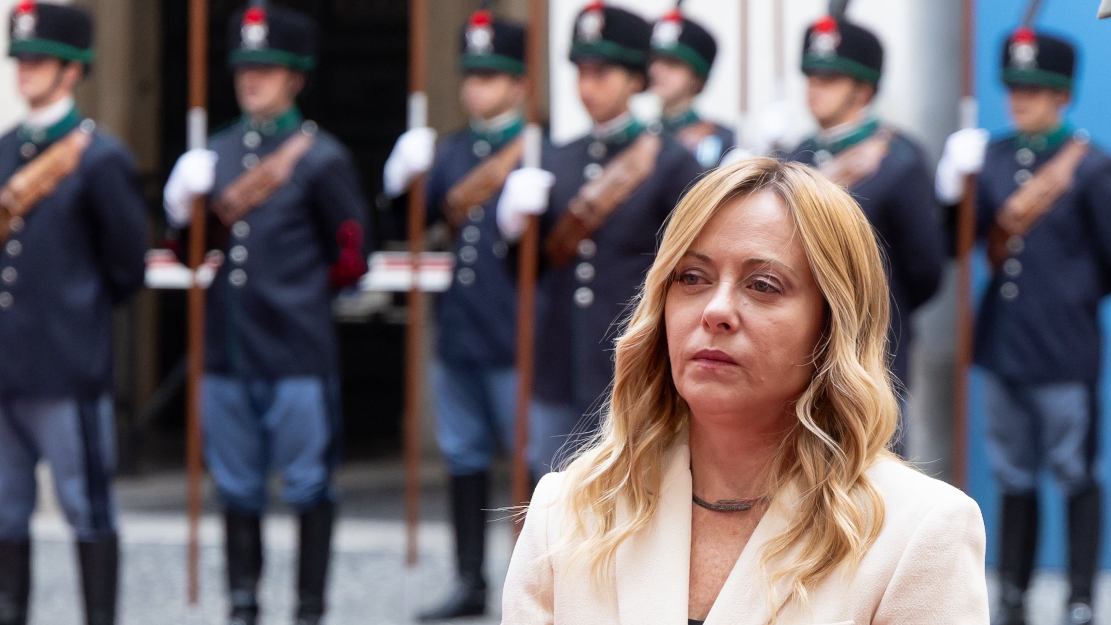 Italian Prime Minister Giorgia Meloni waits to meet Slovenian Prime Minister Janez Jansa, at Palazzo Chigi in Rome, Monday Oct. 5, 2026 (Mauro Scrobogna/LaPresse via AP)