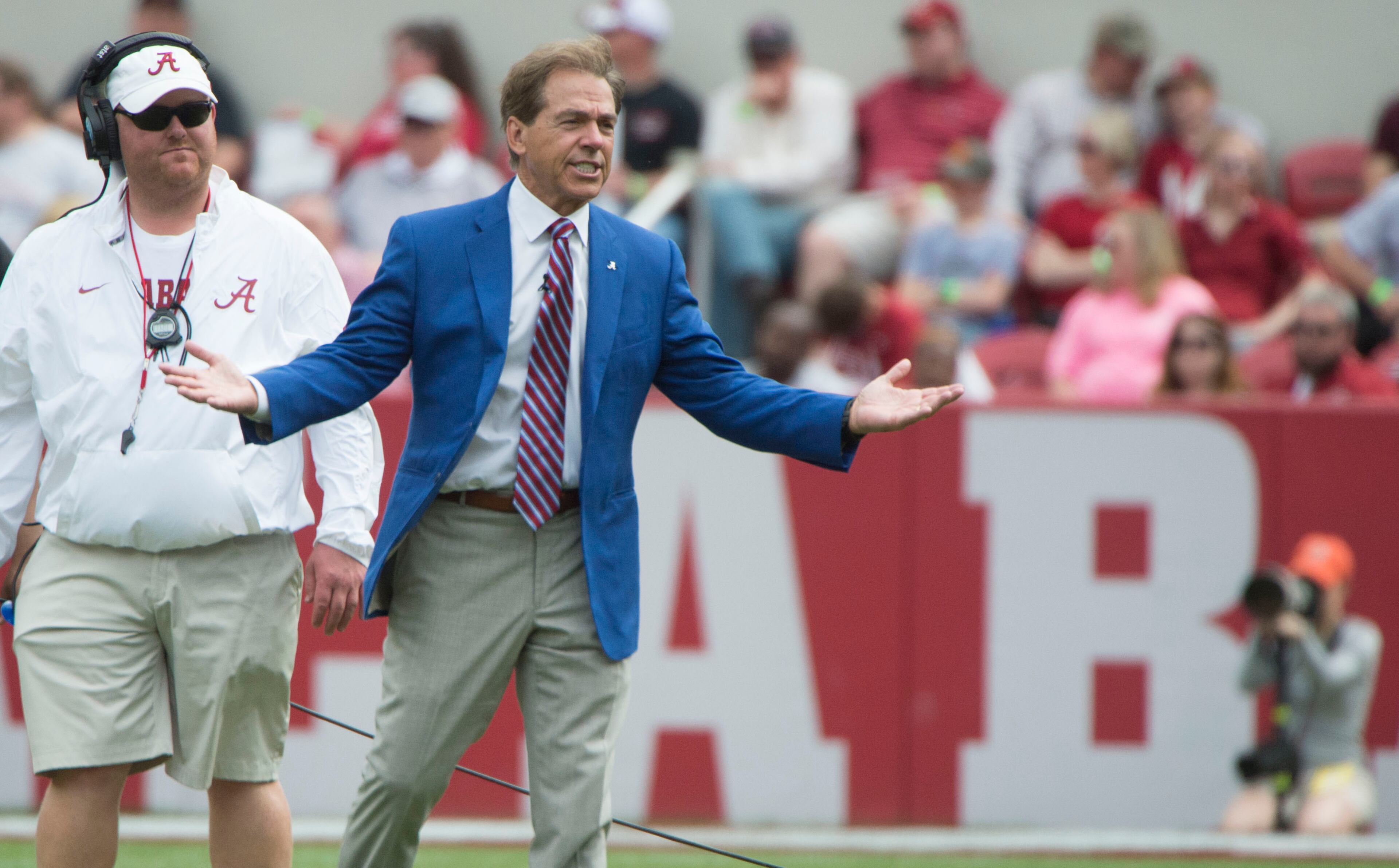 Alabama coach Nick Saban gestures during the first half of the NCAA college football team's A-Day spring game, Saturday, April 16, 2016, in Tuscaloosa, Ala. (Vasha Hunt/AL.com via AP)