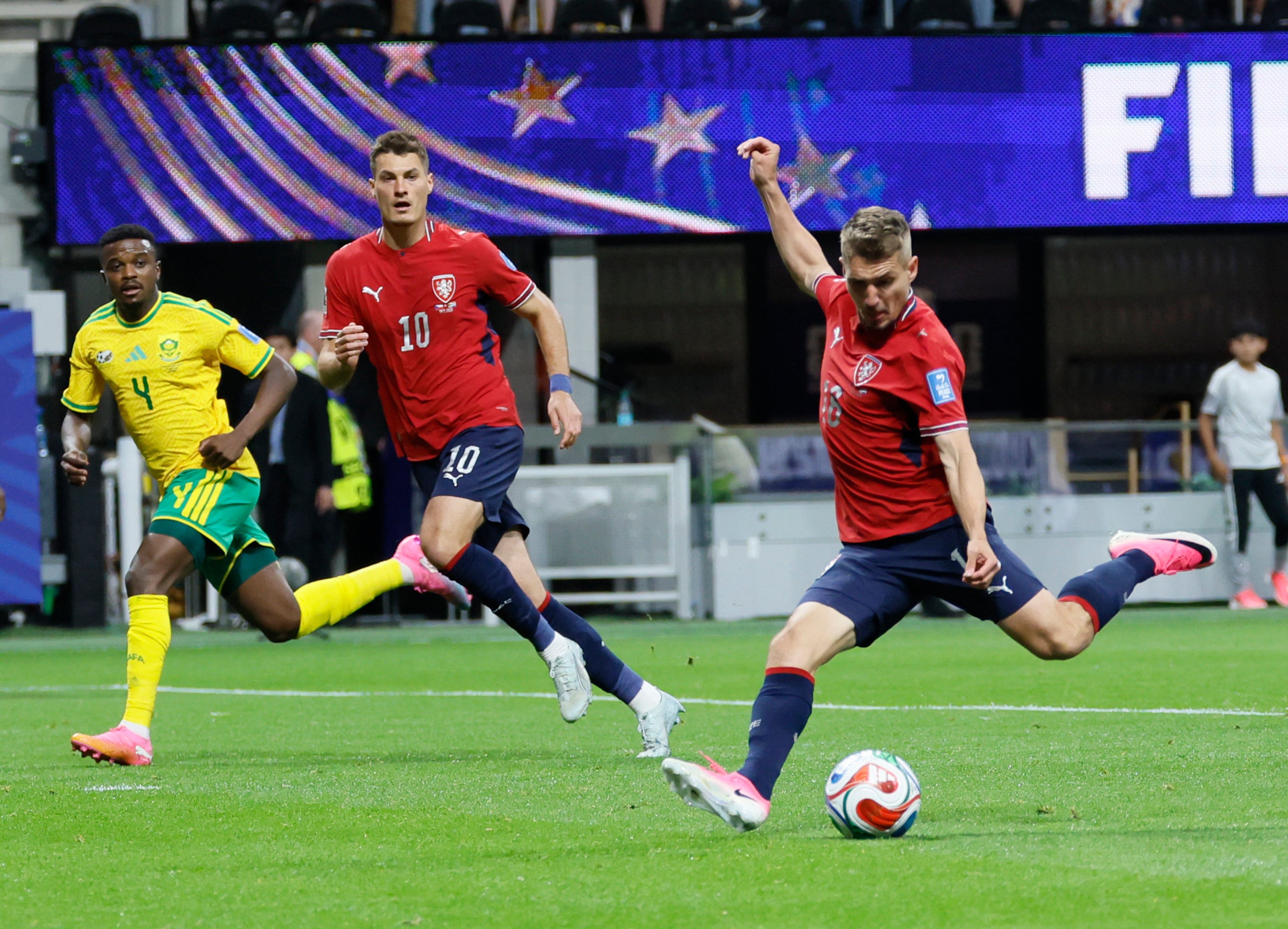 Czechia's Michal Sadilek (right) prepares to score a goal during the first half of the Czechia vs. South Africa World Cup match at Atlanta Stadium on Thursday, June 18, 2026. (Miguel Martinez/AJC)