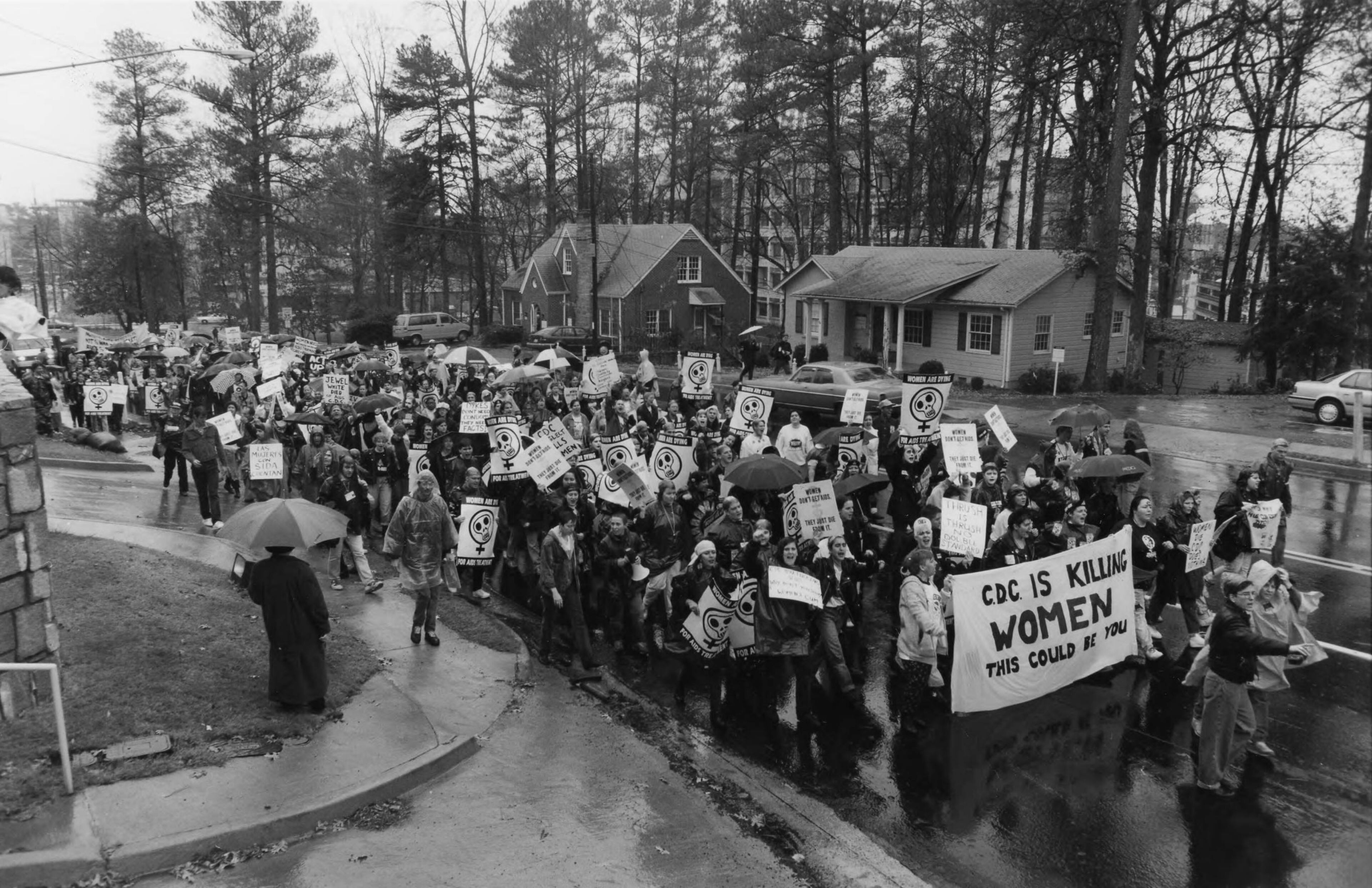 1990 -- A group of about 300 people calling themselves ACT UP for AIDS Coalition to Unleash Power gathered at the Centers for Disease Control to protest its handling of women with AIDS; 100 were arrested.